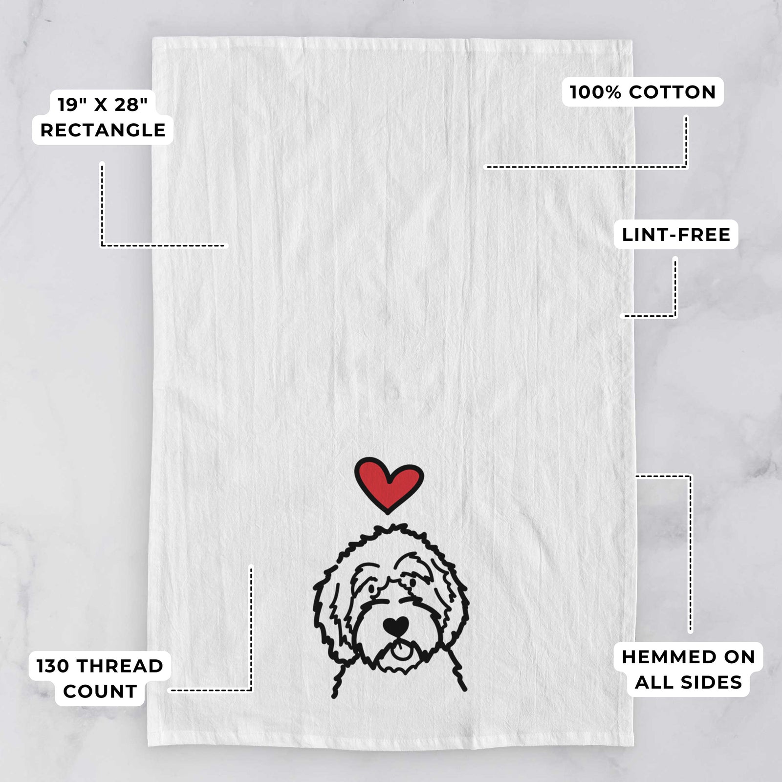 Minimalist line drawing of an Aussiedoodle with a red heart on a tea towel, with feature callouts: 19 x 28 inch rectangle, 100% cotton, lint-free, 120 thread count, hemmed on all sides