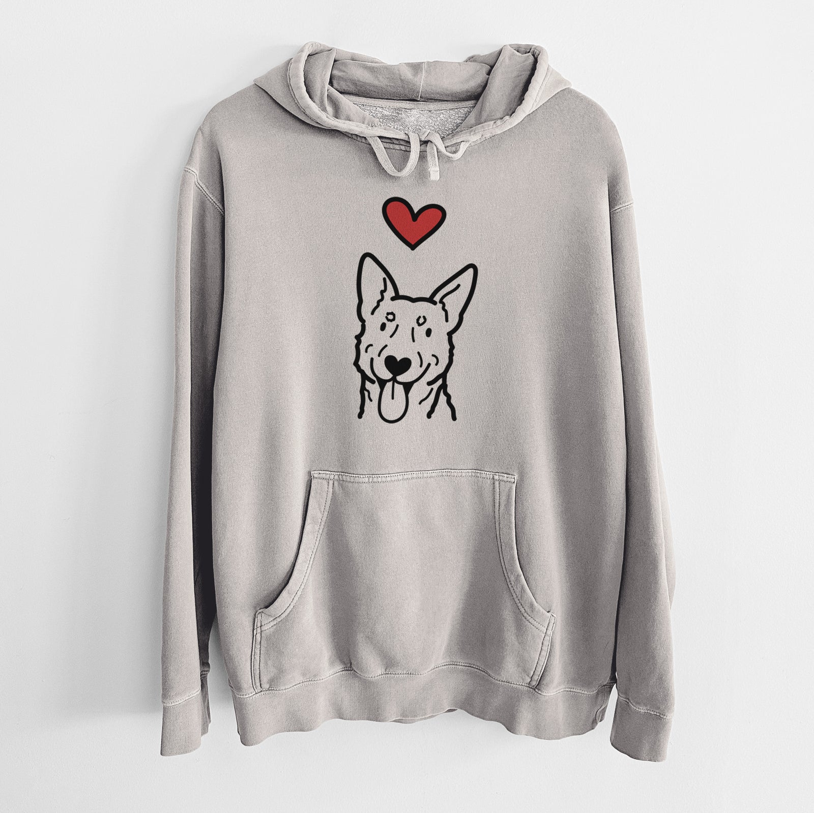 Minimalist line drawing of an Australian Cattle Dog with a red heart on a Cement Unisex pigment dyed hoodie