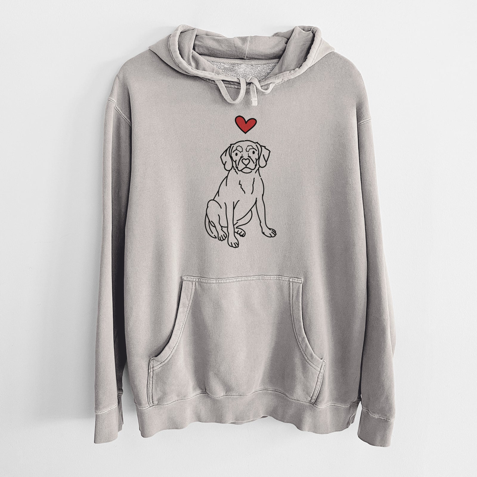 Minimalist line drawing of Babs the Puggle with a red heart on a Cement Unisex pigment dyed hoodie