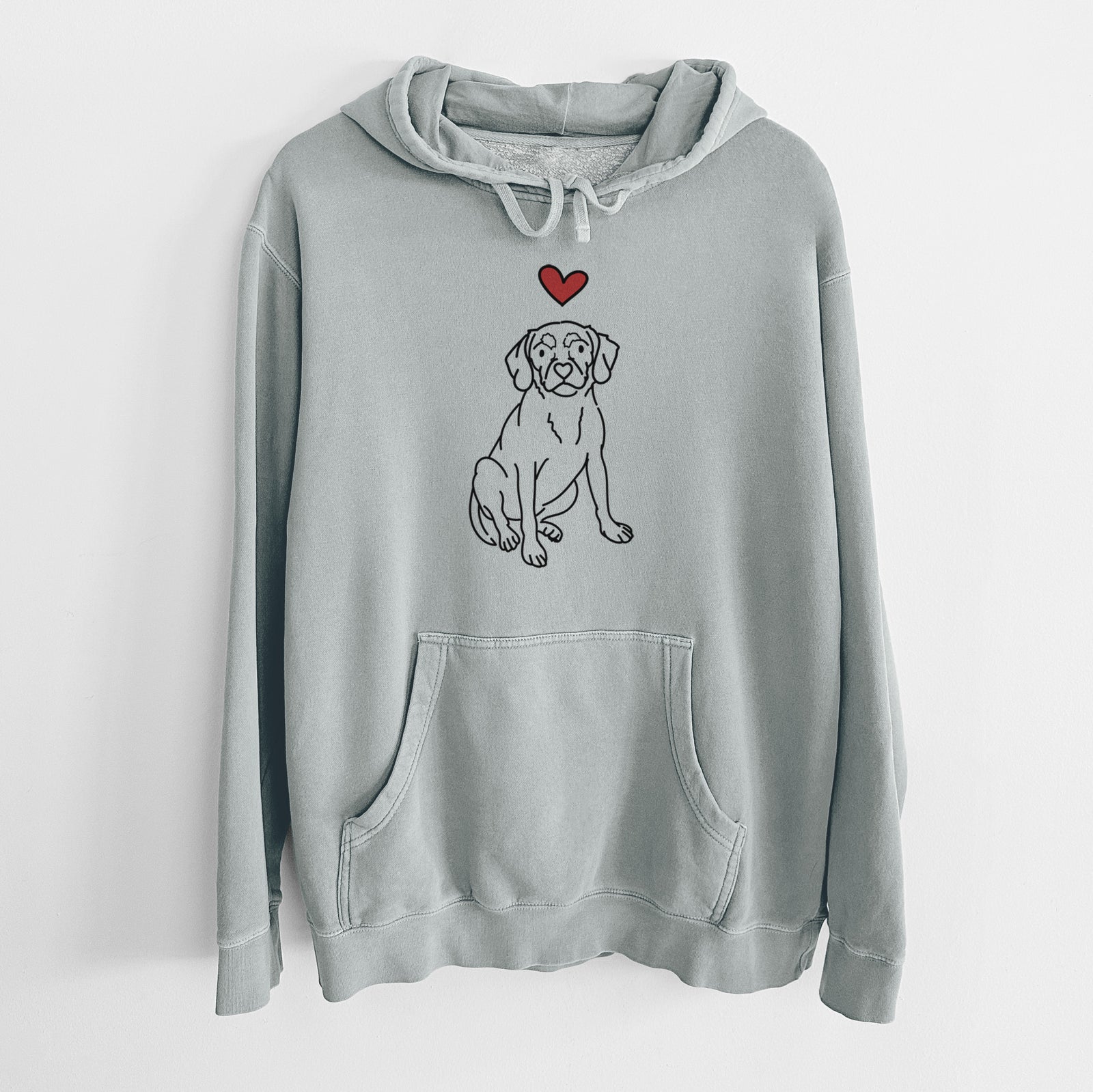 Minimalist line drawing of Babs the Puggle with a red heart on a Sage Unisex pigment dyed hoodie