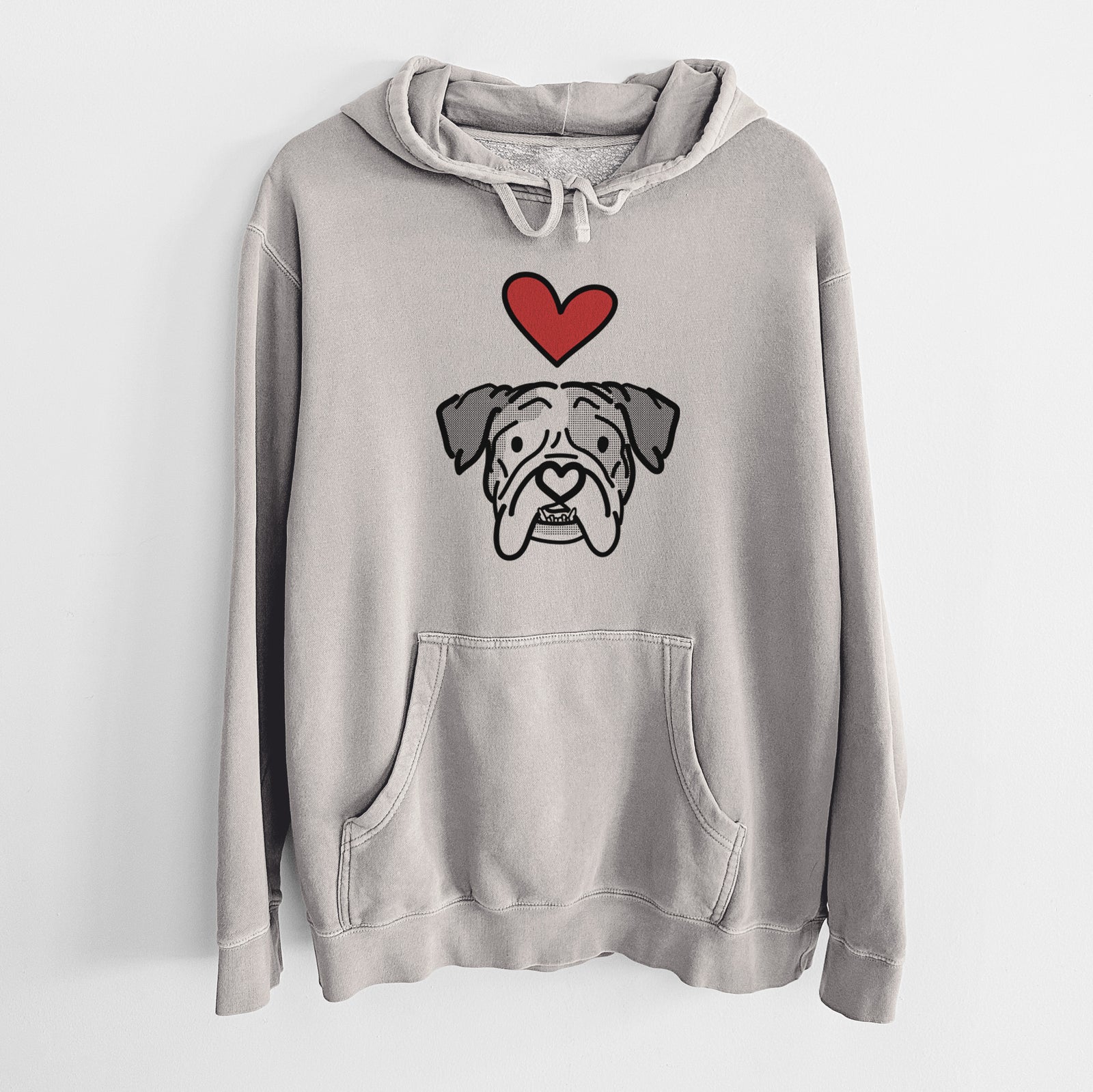 Minimalist line drawing of Bailey the English Bulldog with a red heart on a Cement Unisex pigment dyed hoodie