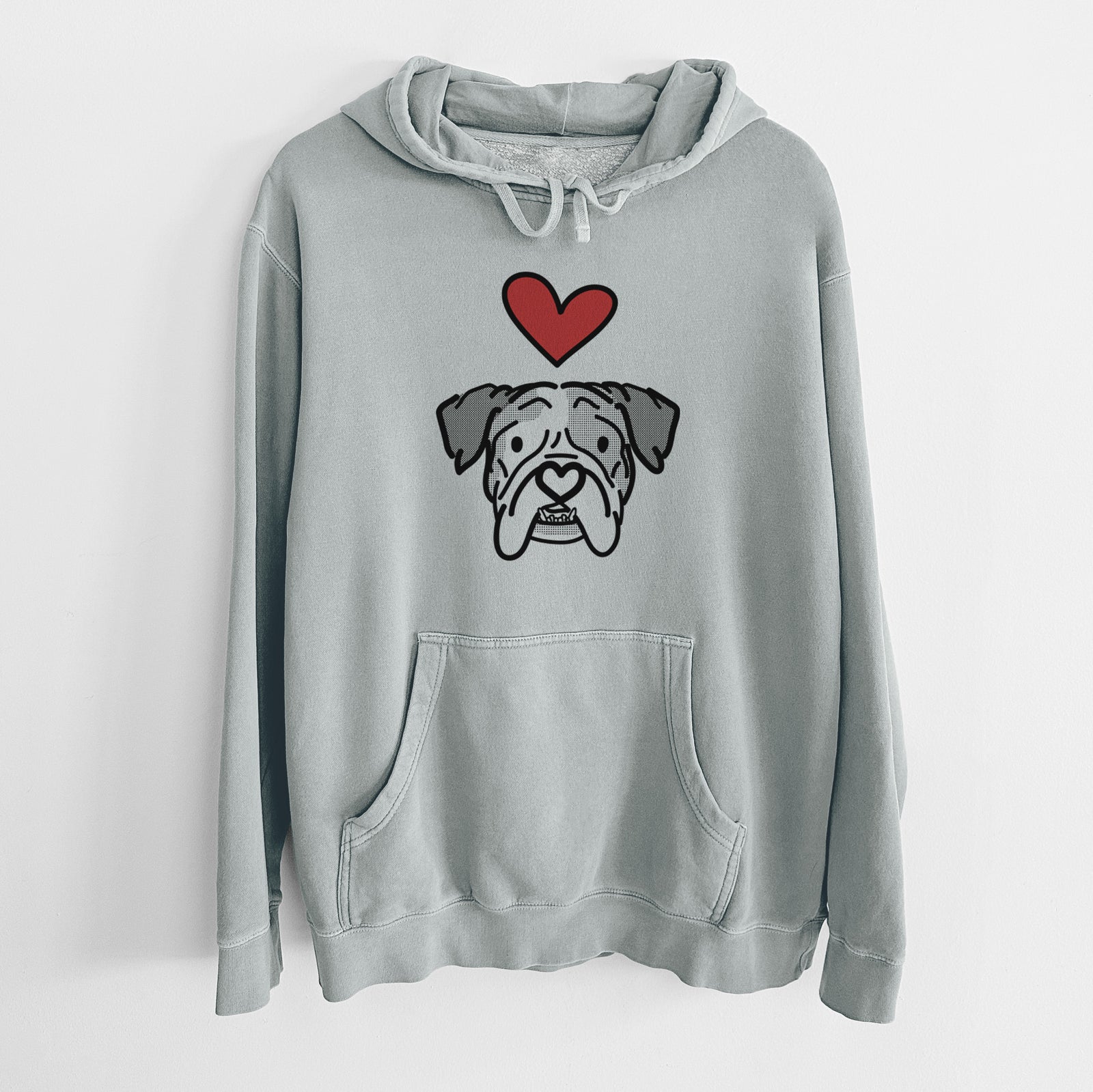 Minimalist line drawing of Bailey the English Bulldog with a red heart on a Sage Unisex pigment dyed hoodie