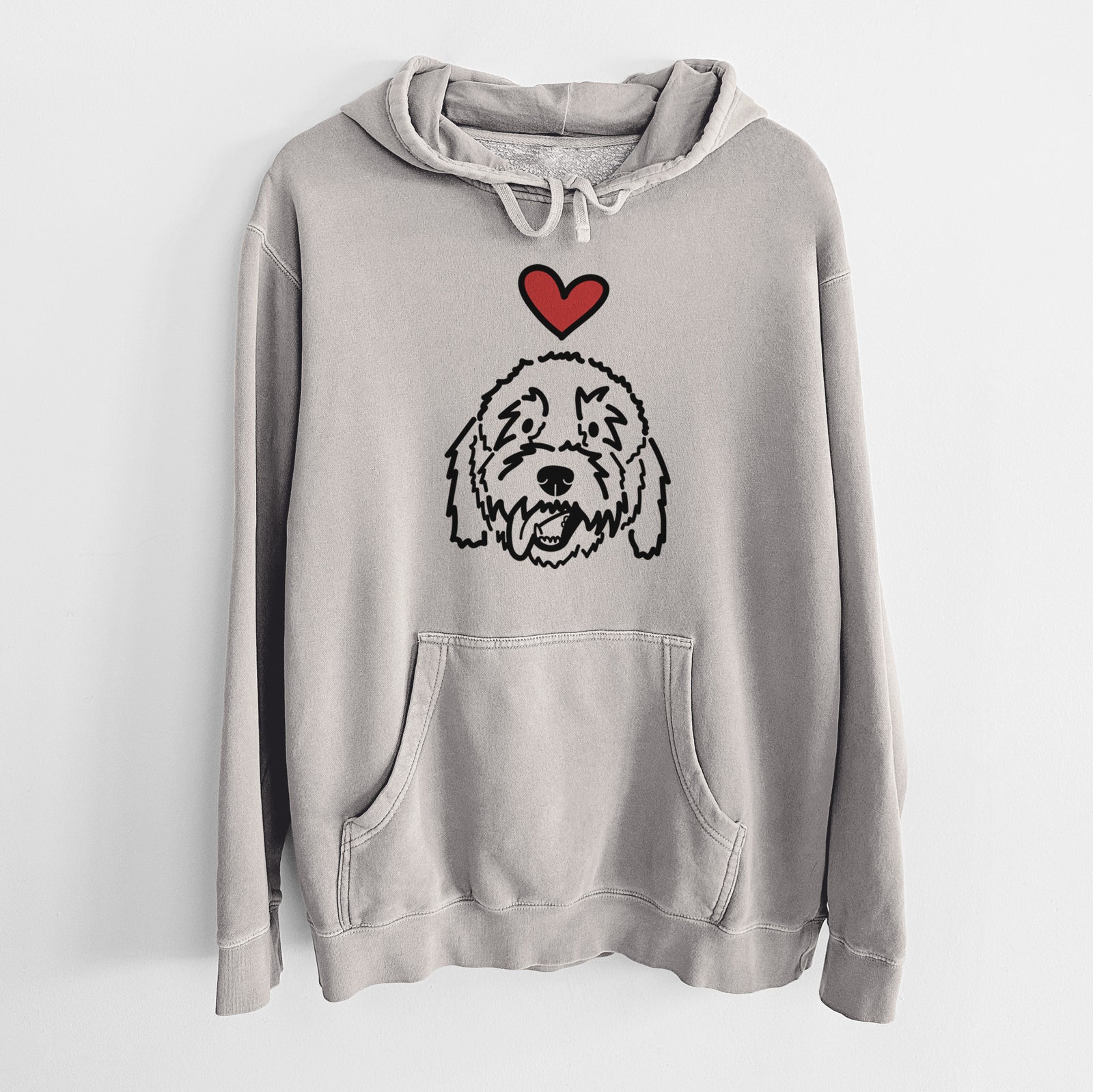 Minimalist line drawing of Barry the Goldendoodle with a red heart on a Cement Unisex pigment dyed hoodie