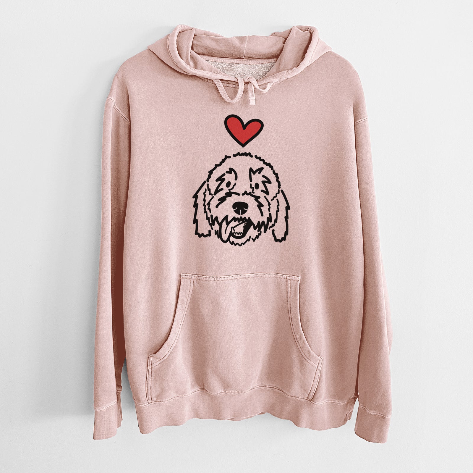 Minimalist line drawing of Barry the Goldendoodle with a red heart on a Dusty Pink Unisex pigment dyed hoodie