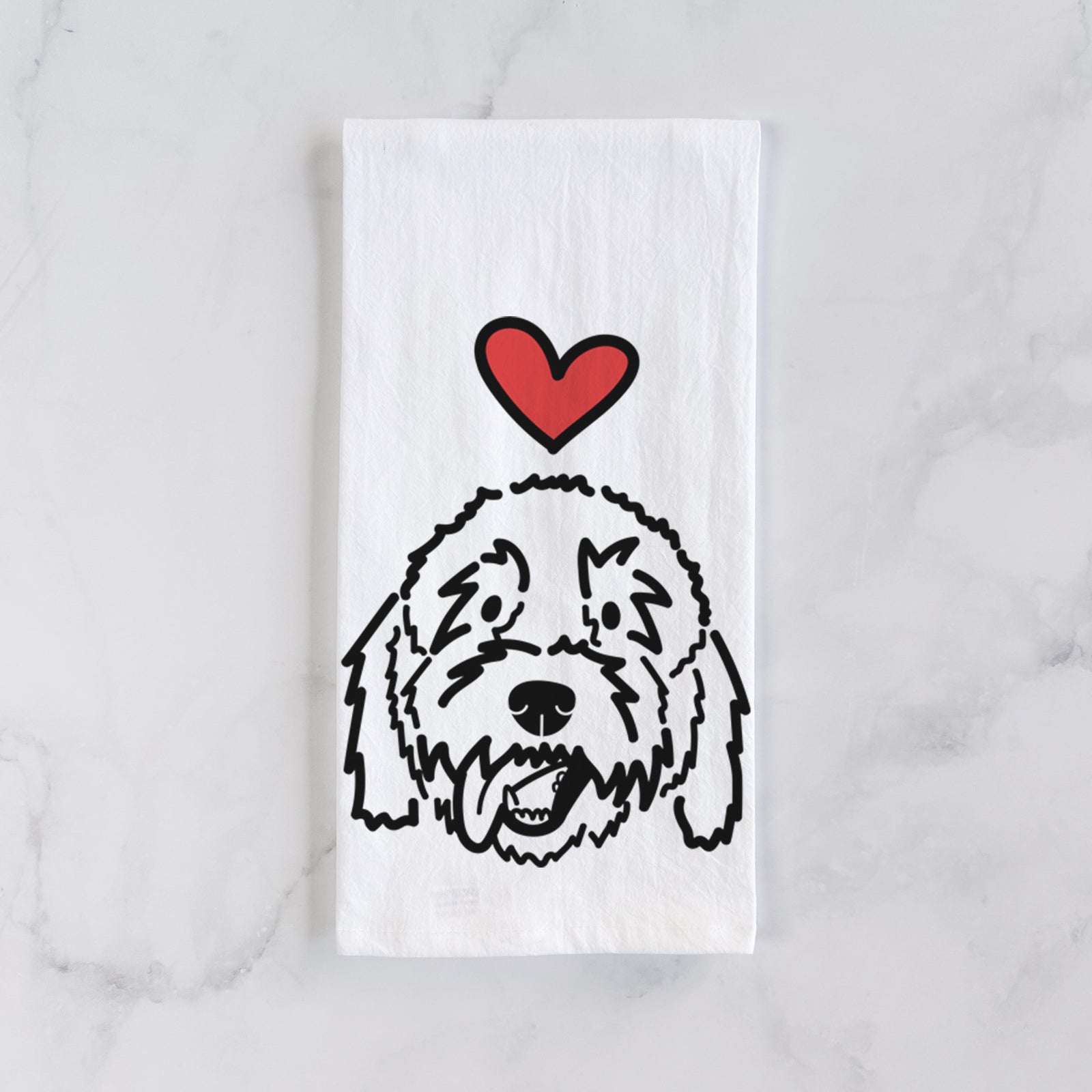 Minimalist line drawing of Barry the Goldendoodle with a red heart on a tea towel