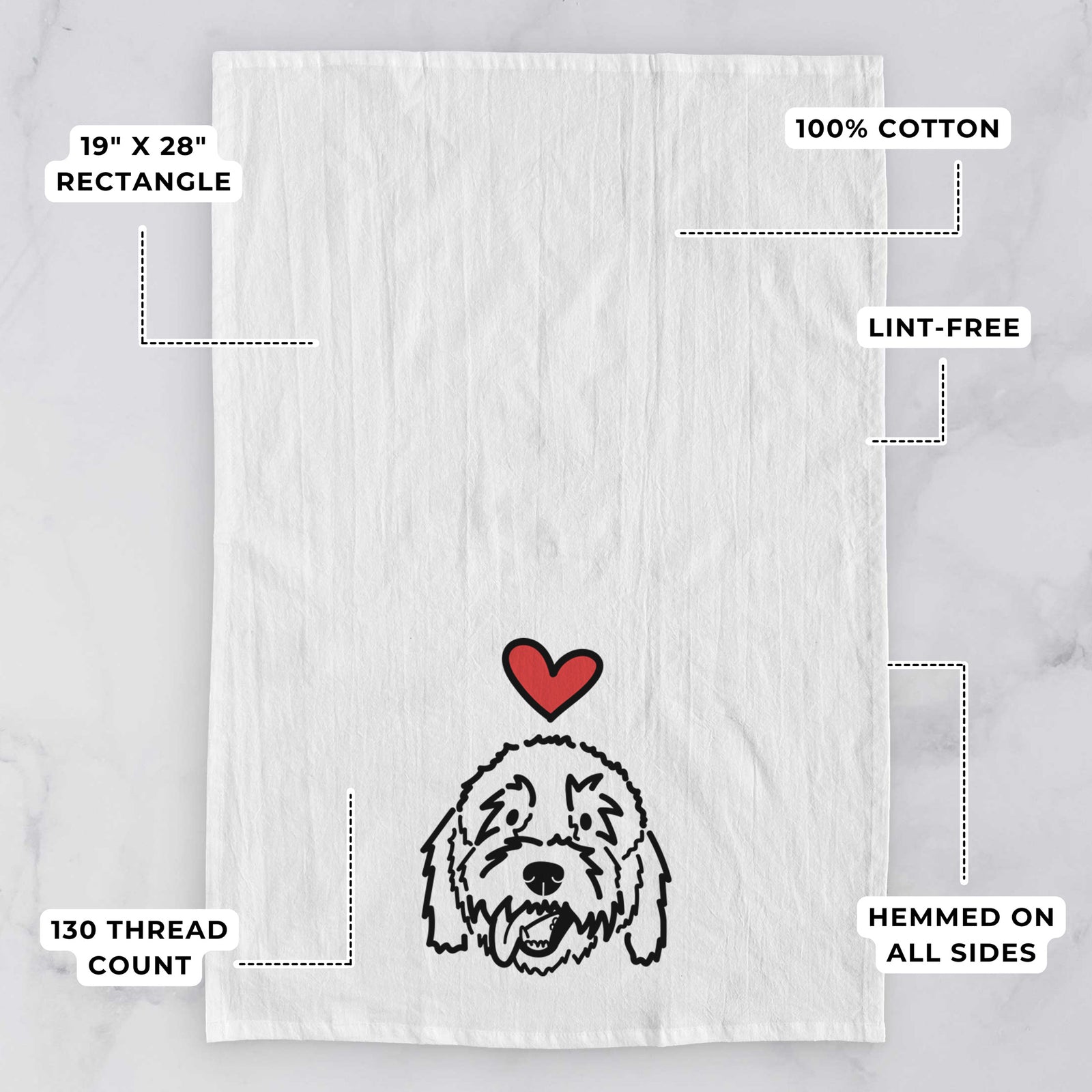Minimalist line drawing of Barry the Goldendoodle with a red heart on a tea towel, with feature callouts: 19 x 28 inch rectangle, 100% cotton, lint-free, 120 thread count, hemmed on all sides