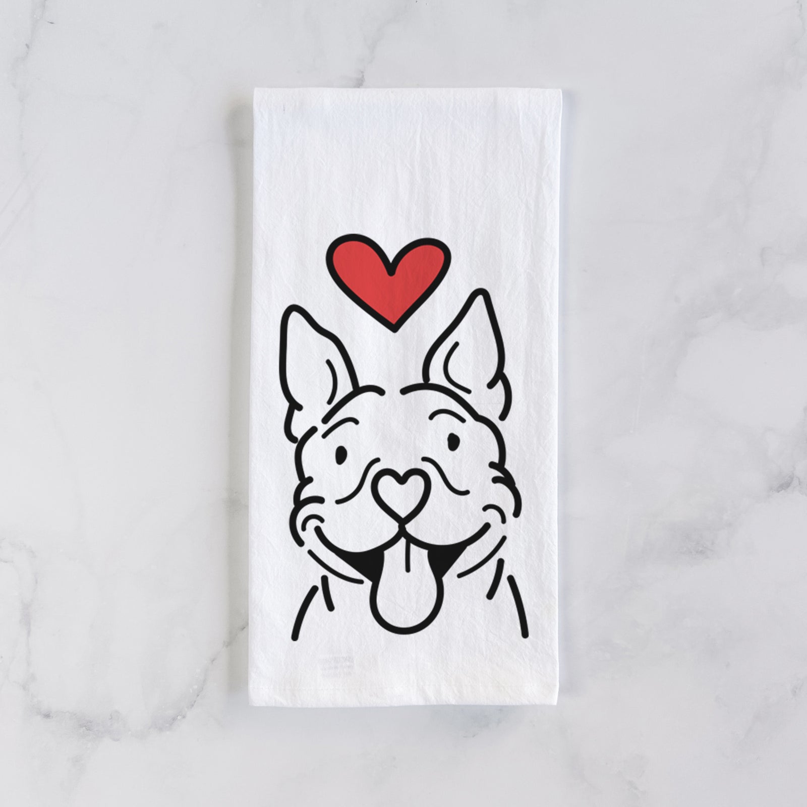 Minimalist line drawing of Basil the Pitbull with a red heart on a tea towel