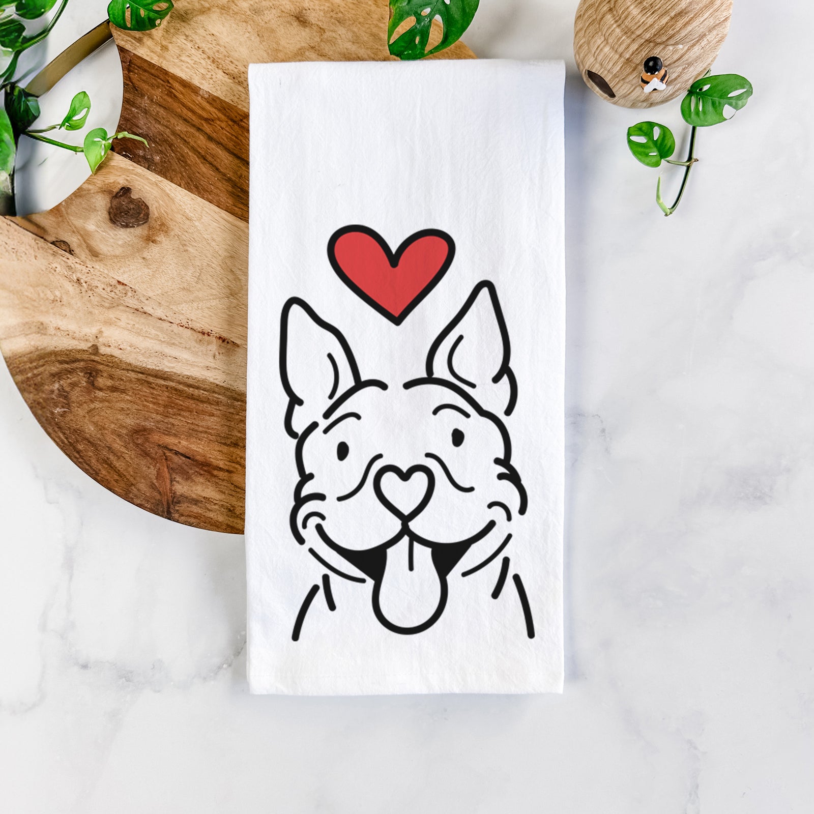 Minimalist line drawing of Basil the Pitbull with a red heart on a tea towel