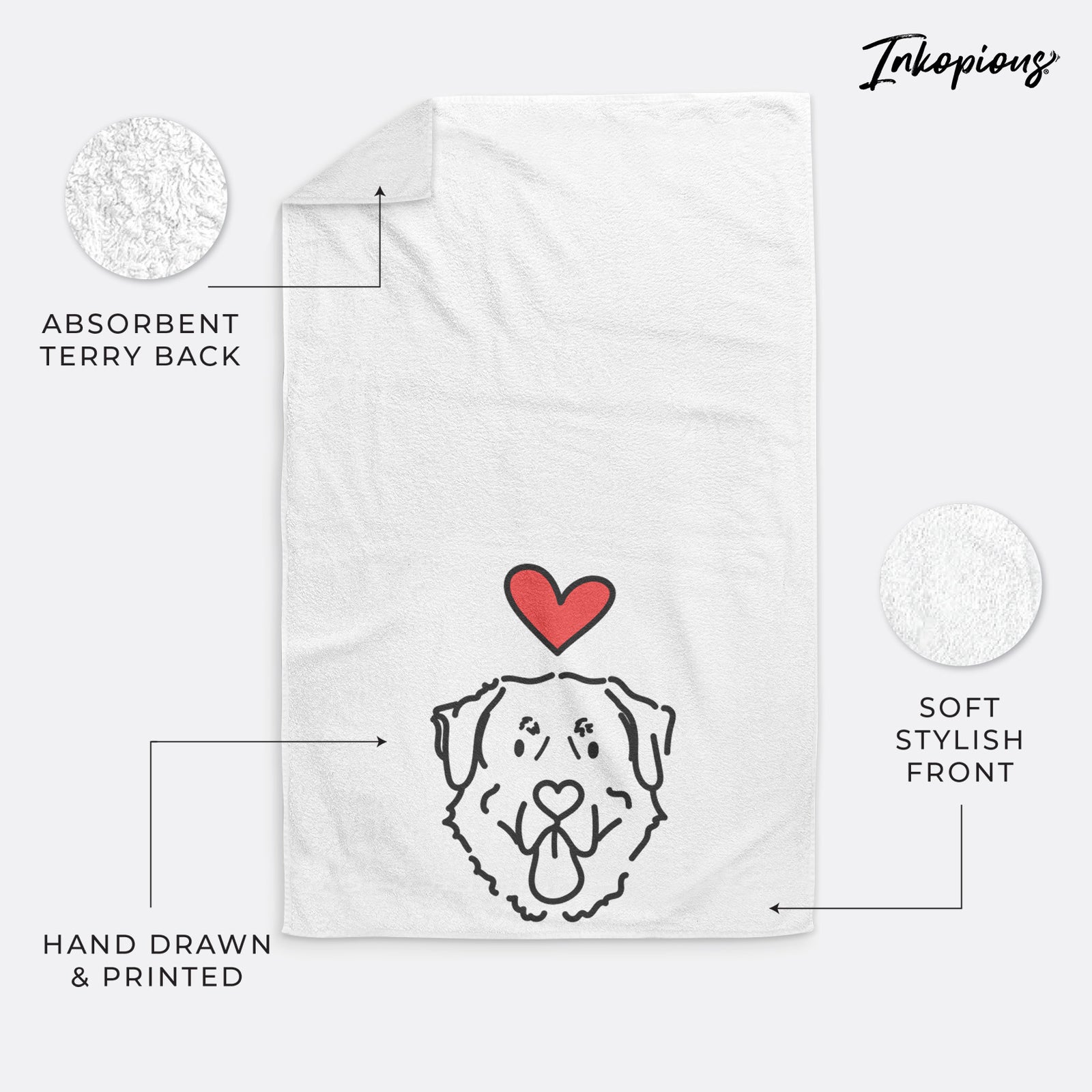 Minimalist line drawing of Batu the Anatolian Shepherd with a red heart on a decorative hand towel
