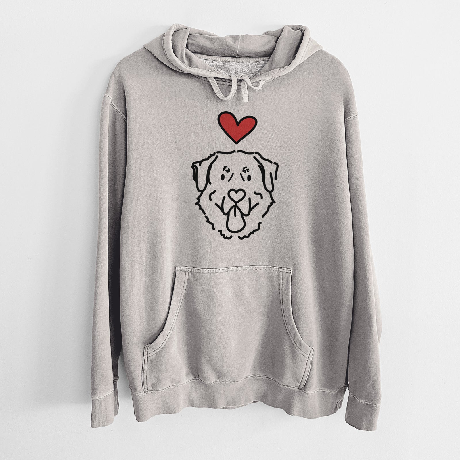 Minimalist line drawing of Batu the Anatolian Shepherd with a red heart on a Cement Unisex pigment dyed hoodie