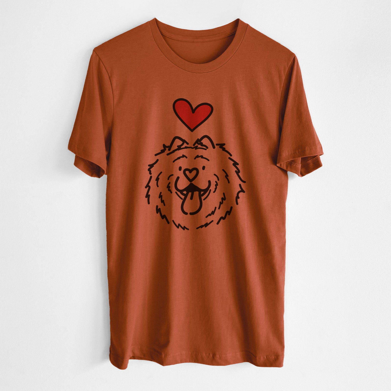 Minimalist line drawing of Bear the Chow Chow with a red heart on an Autumn Unisex crewneck, worn by a man
