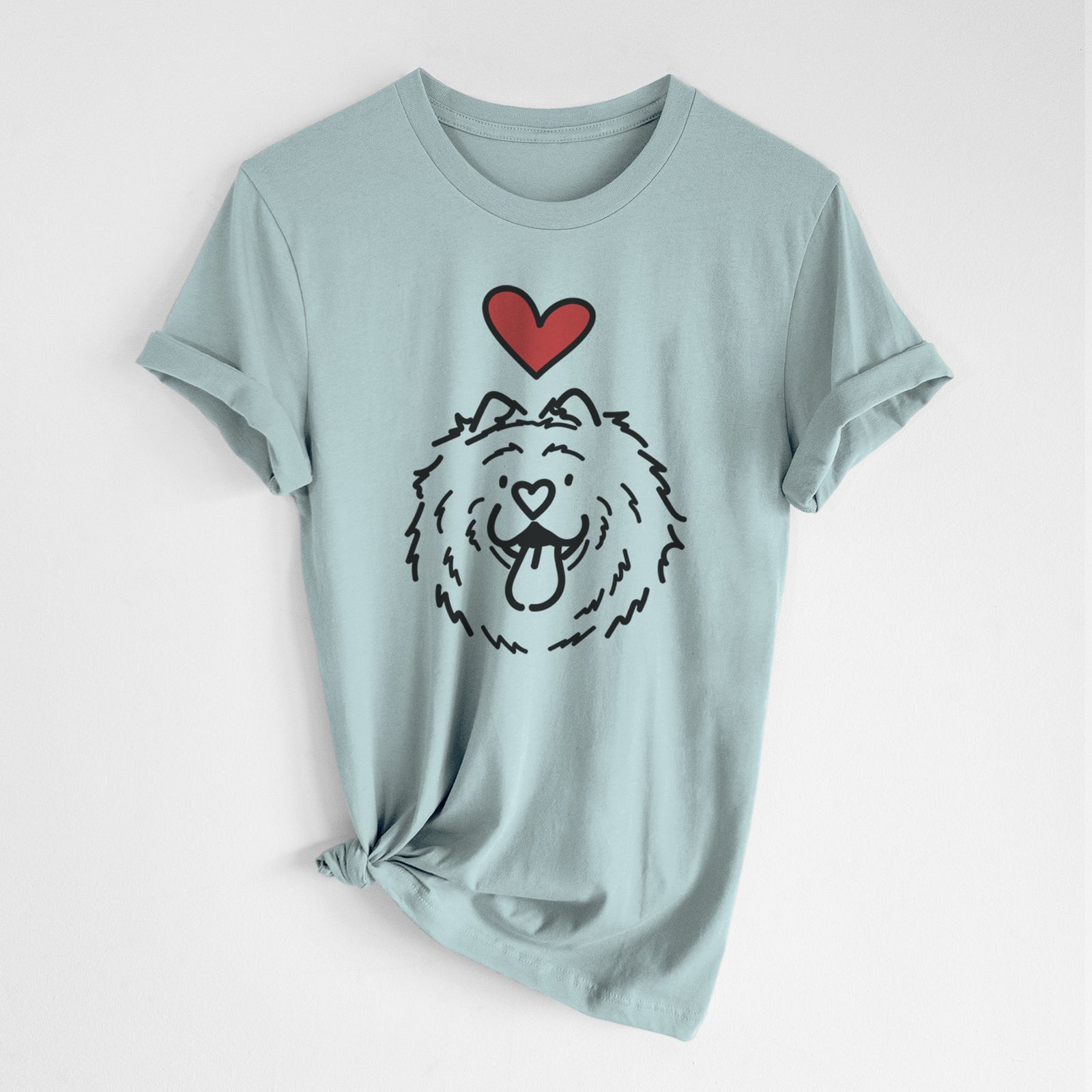 Minimalist line drawing of Bear the Chow Chow with a red heart on a Dusty Blue Unisex crewneck, worn by a woman