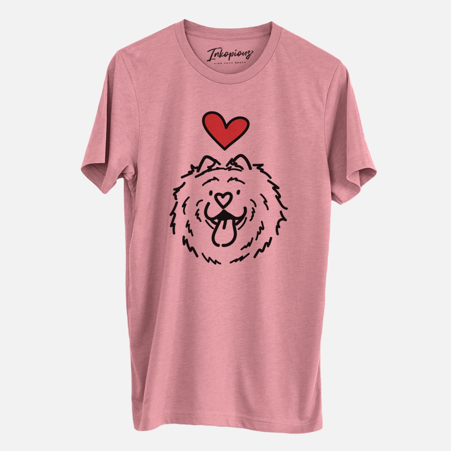 Minimalist line drawing of Bear the Chow Chow with a red heart on a Mauve Unisex crewneck, worn by a man