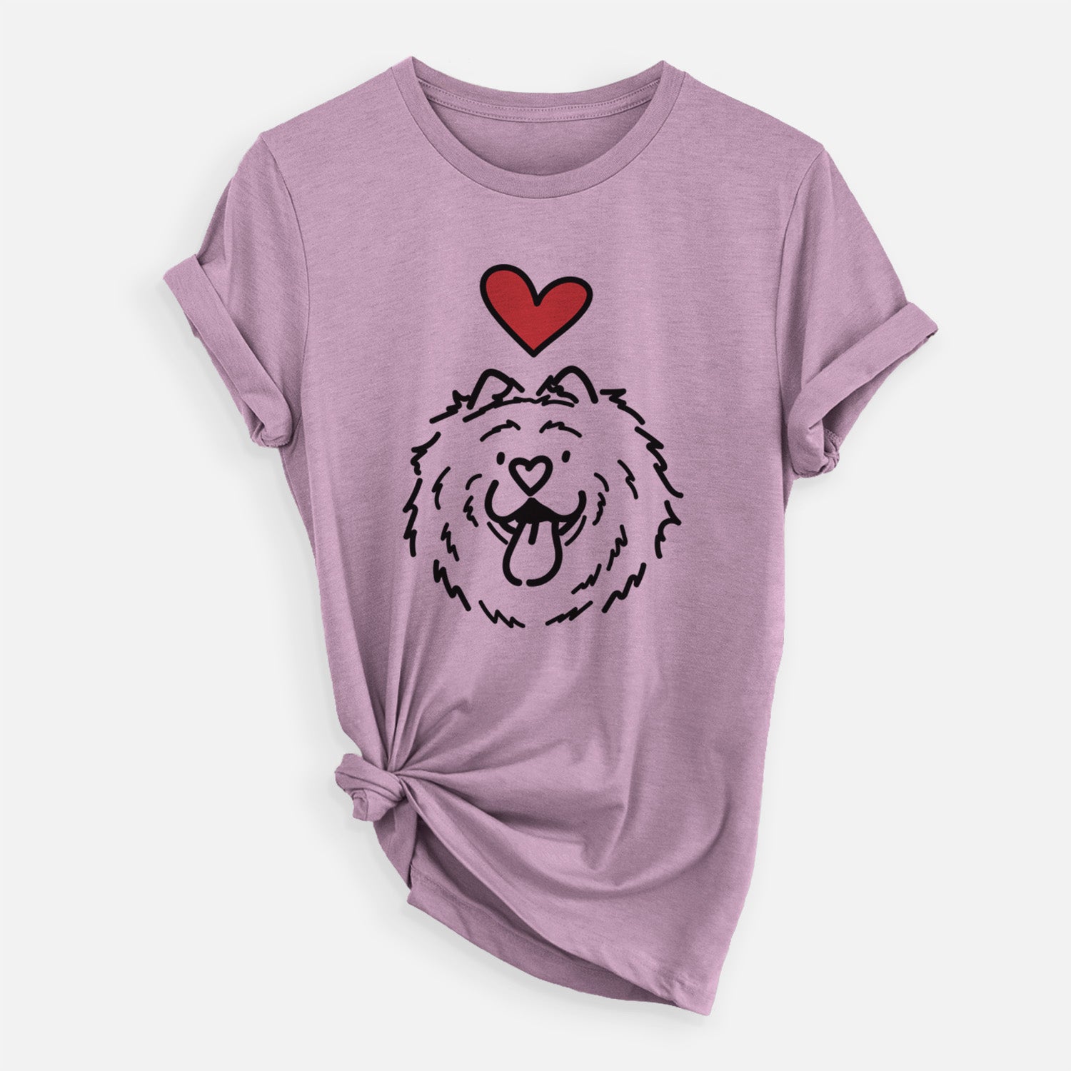 Minimalist line drawing of Bear the Chow Chow with a red heart on an Orchid Unisex crewneck, worn by a woman