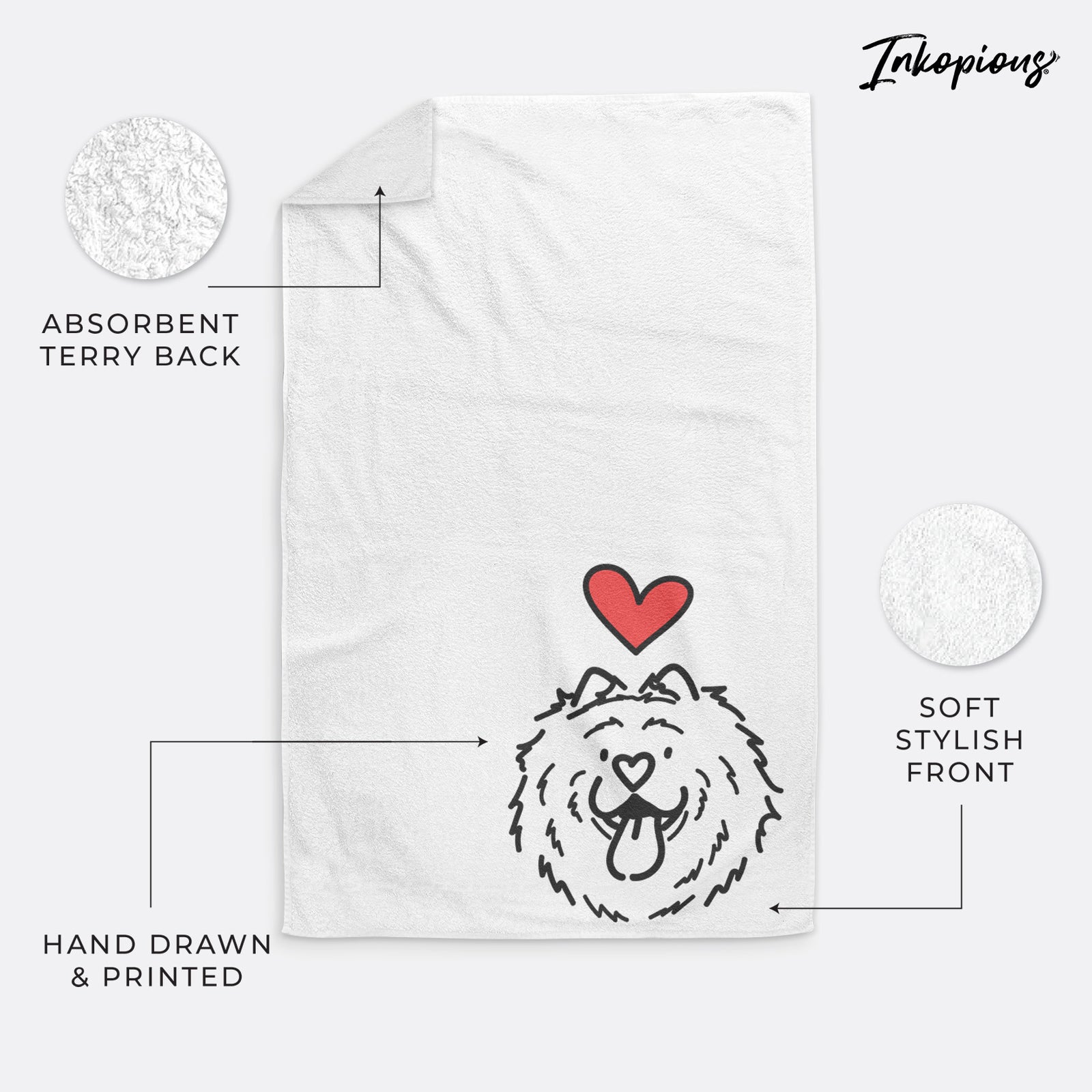 Minimalist line drawing of Bear the Chow Chow with a red heart on a hand towel