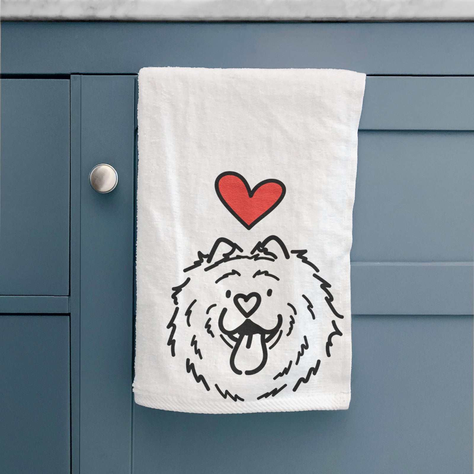 Minimalist line drawing of Bear the Chow Chow with a red heart on a hand towel
