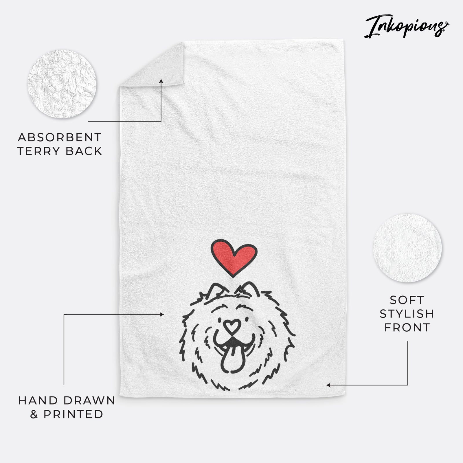 Minimalist line drawing of Bear the Chow Chow with a red heart on a hand towel