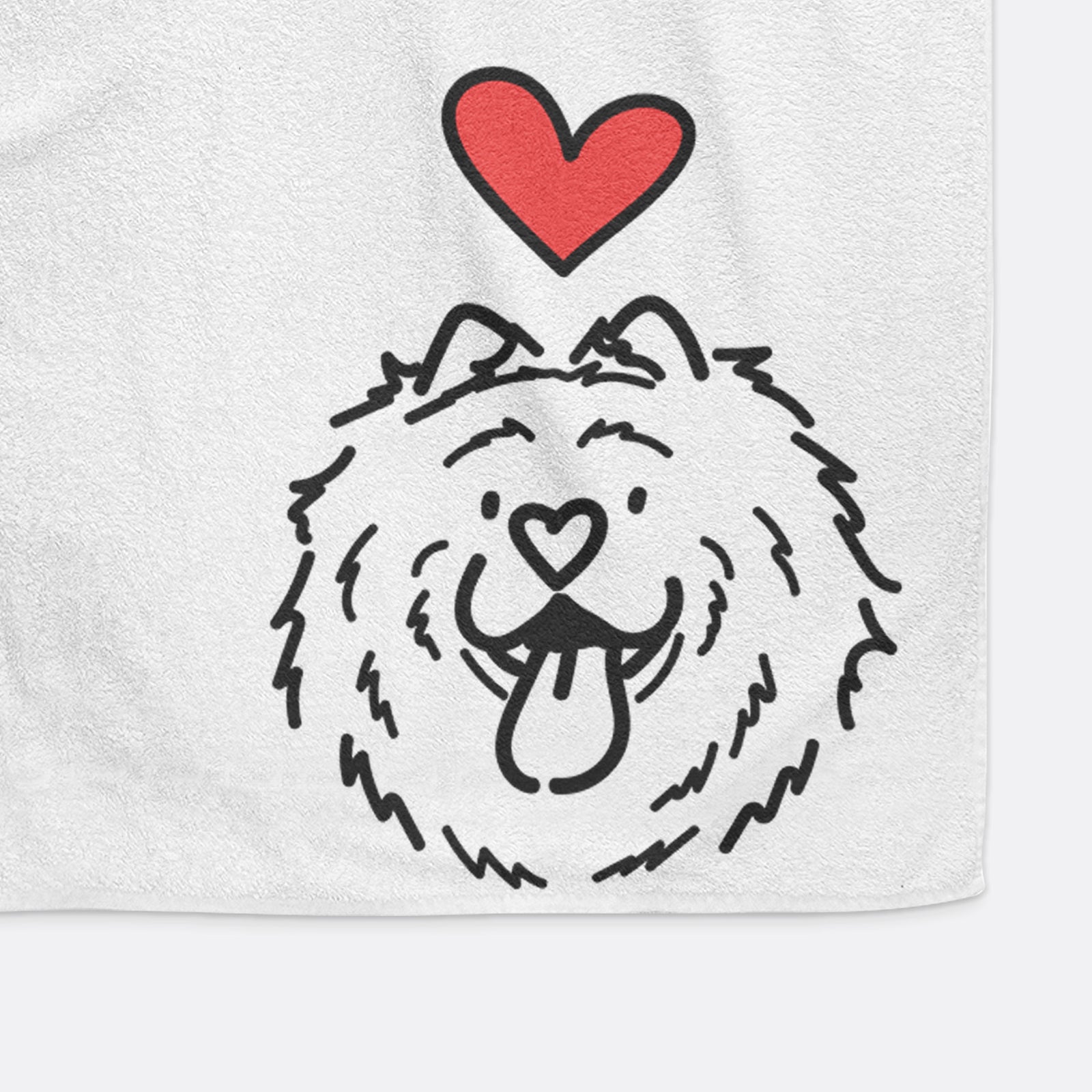 Minimalist line drawing of Bear the Chow Chow with a red heart on a hand towel