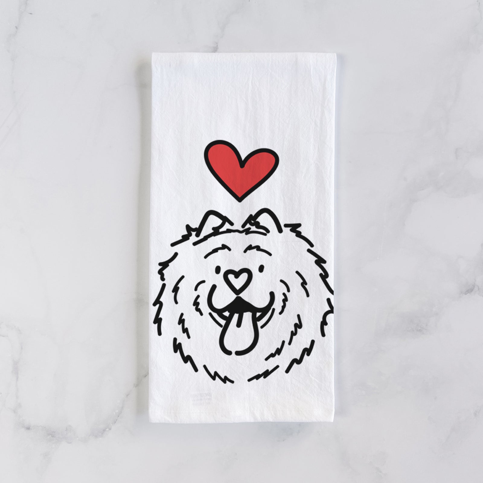 Minimalist line drawing of Bear the Chow Chow with a red heart on a tea towel