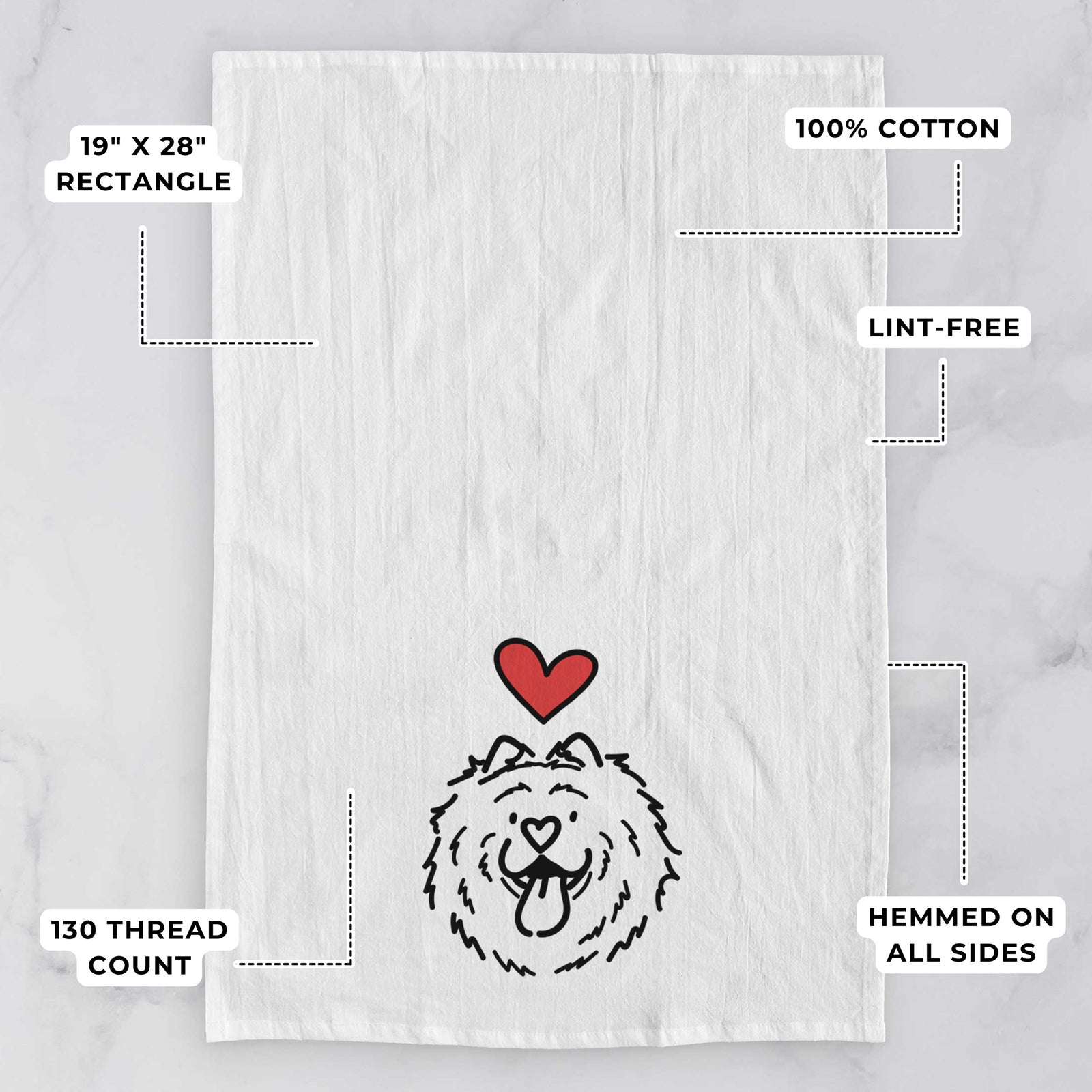 Minimalist line drawing of Bear the Chow Chow with a red heart on a tea towel, with feature callouts: 19 x 28 inch rectangle, 100% cotton, lint-free, 120 thread count, hemmed on all sides