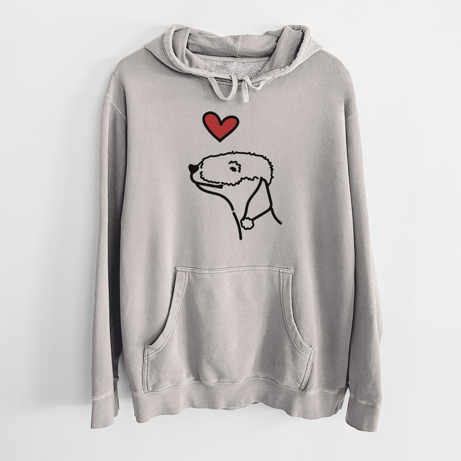 Minimalist line drawing of a Bedlington Terrier with a red heart on a Cement Unisex pigment dyed hoodie