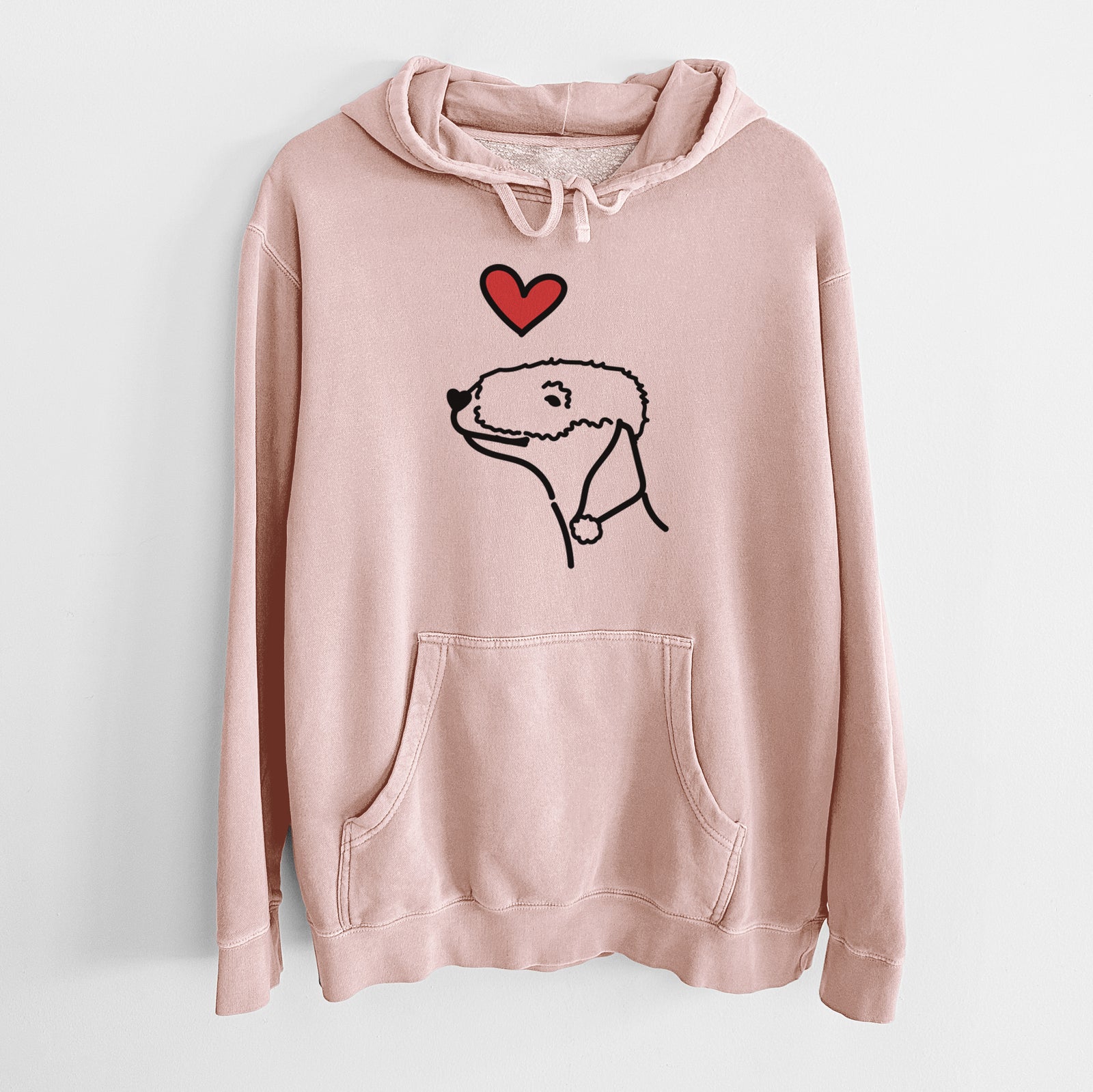 Minimalist line drawing of a Bedlington Terrier with a red heart on a Dusty Pink Unisex pigment dyed hoodie