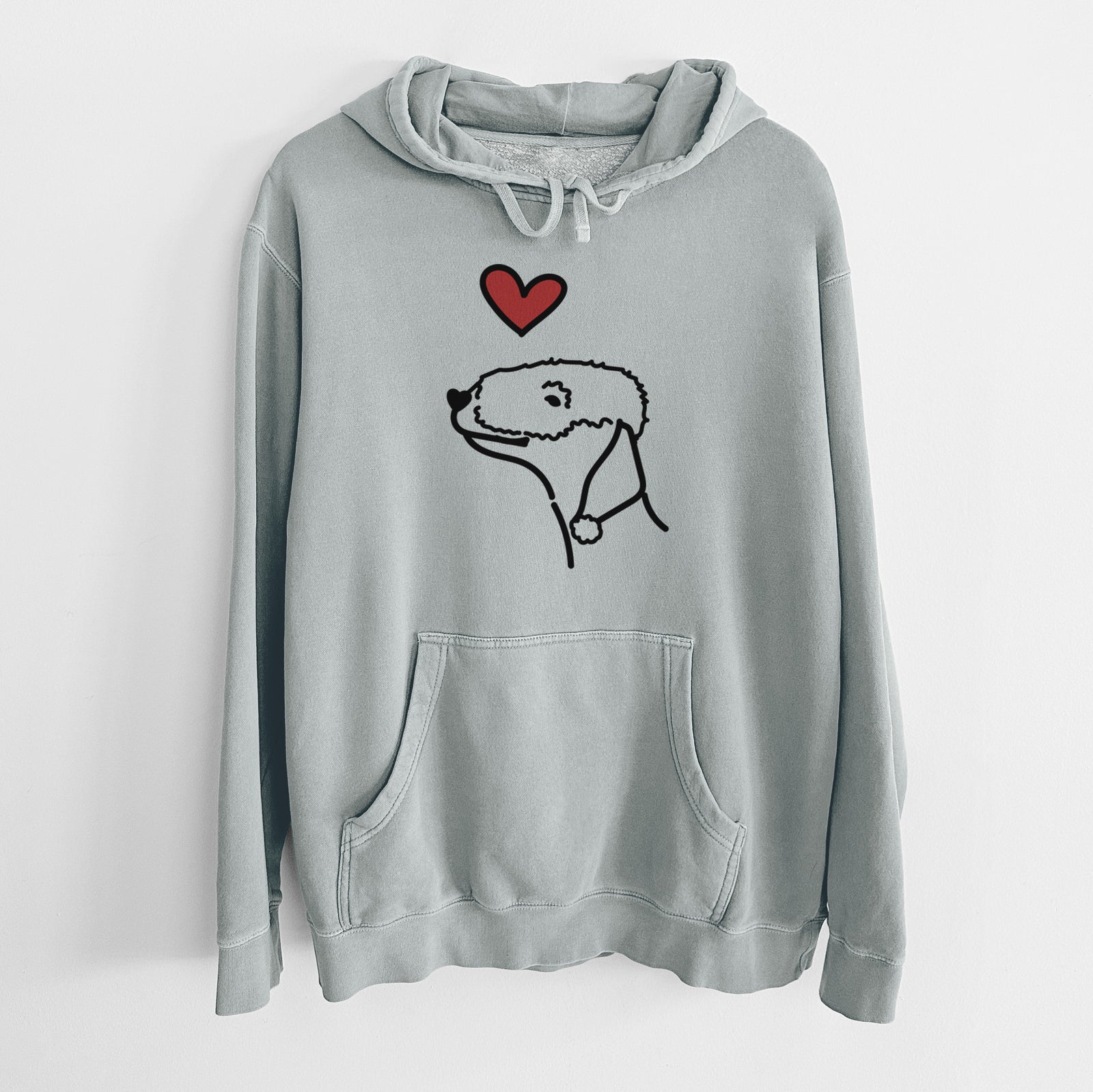 Minimalist line drawing of a Bedlington Terrier with a red heart on a Sage Unisex pigment dyed hoodie