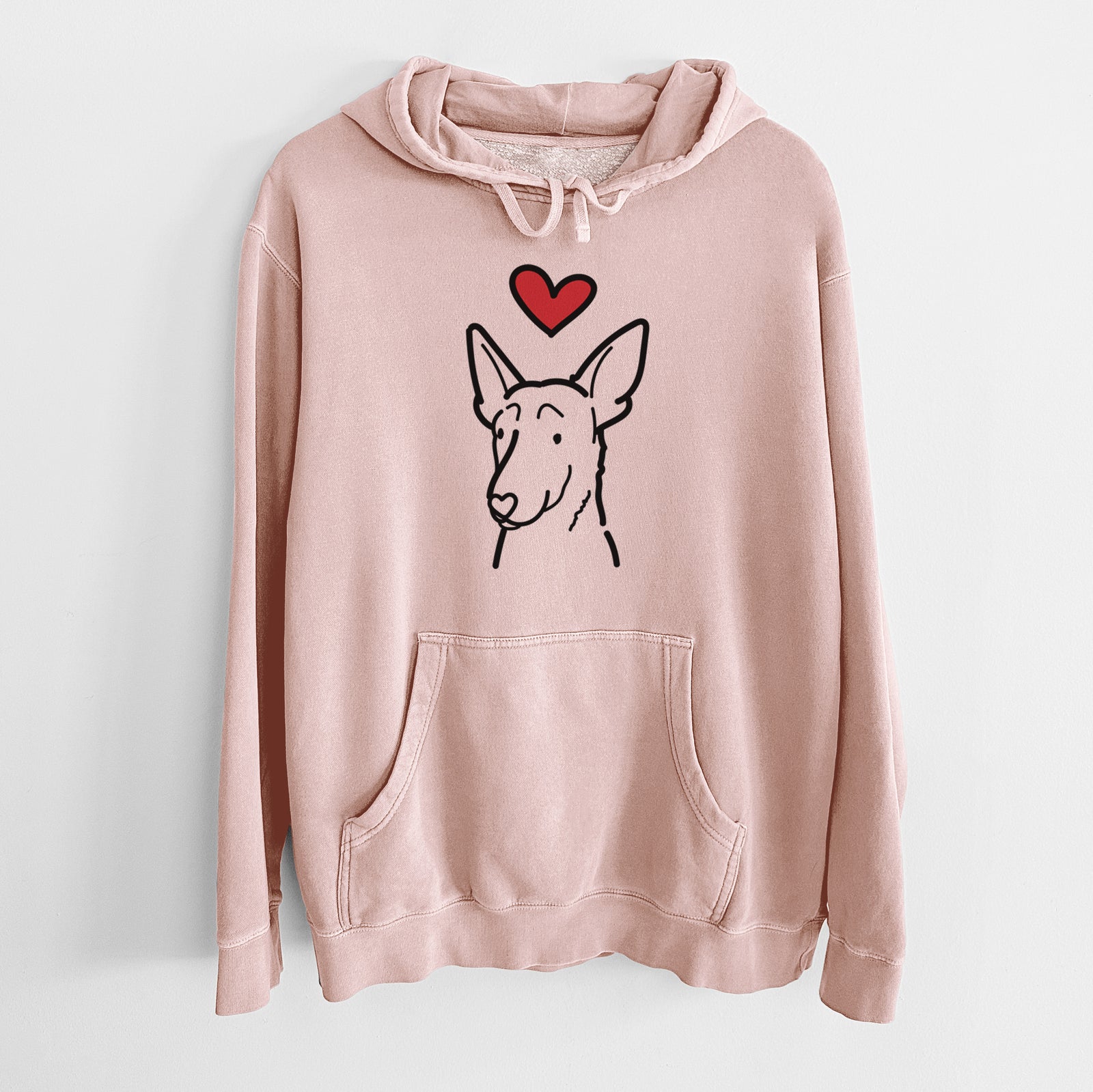Minimalist line drawing of a Belgian Malinois with a red heart on a Dusty Pink Unisex pigment dyed hoodie