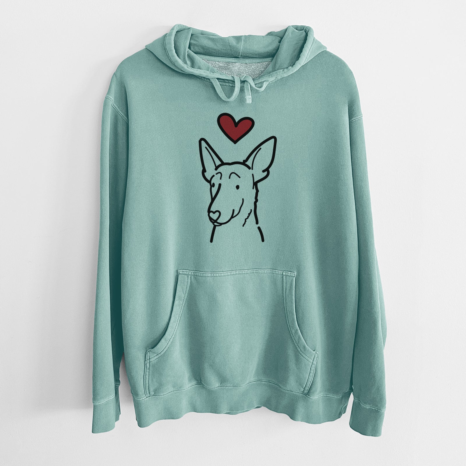 Minimalist line drawing of a Belgian Malinois with a red heart on a Mint Unisex pigment dyed hoodie