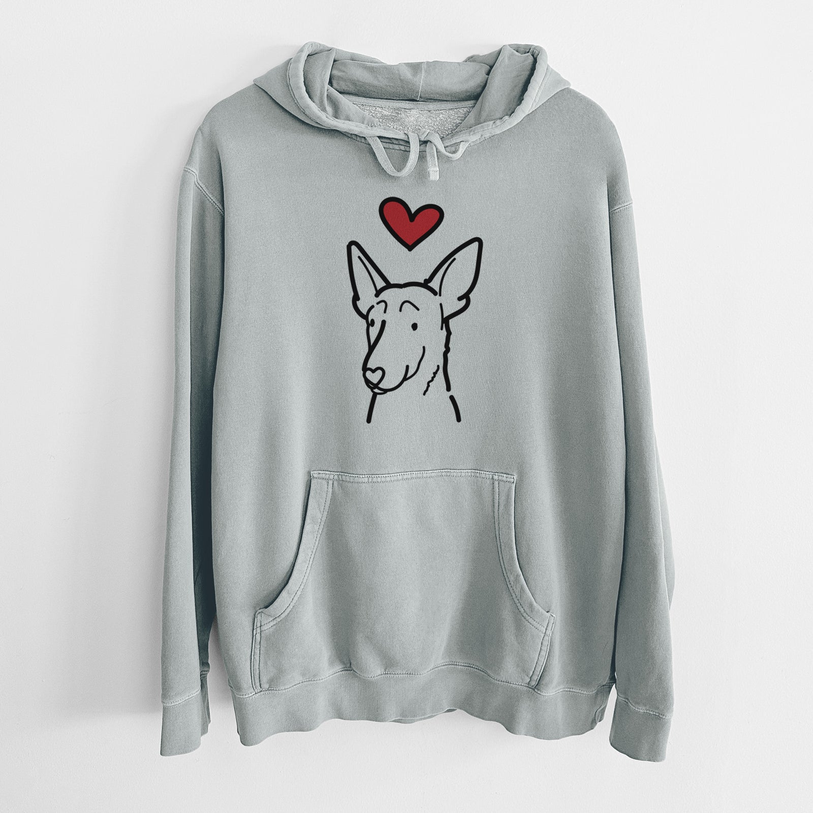 Minimalist line drawing of a Belgian Malinois with a red heart on a Sage Unisex pigment dyed hoodie
