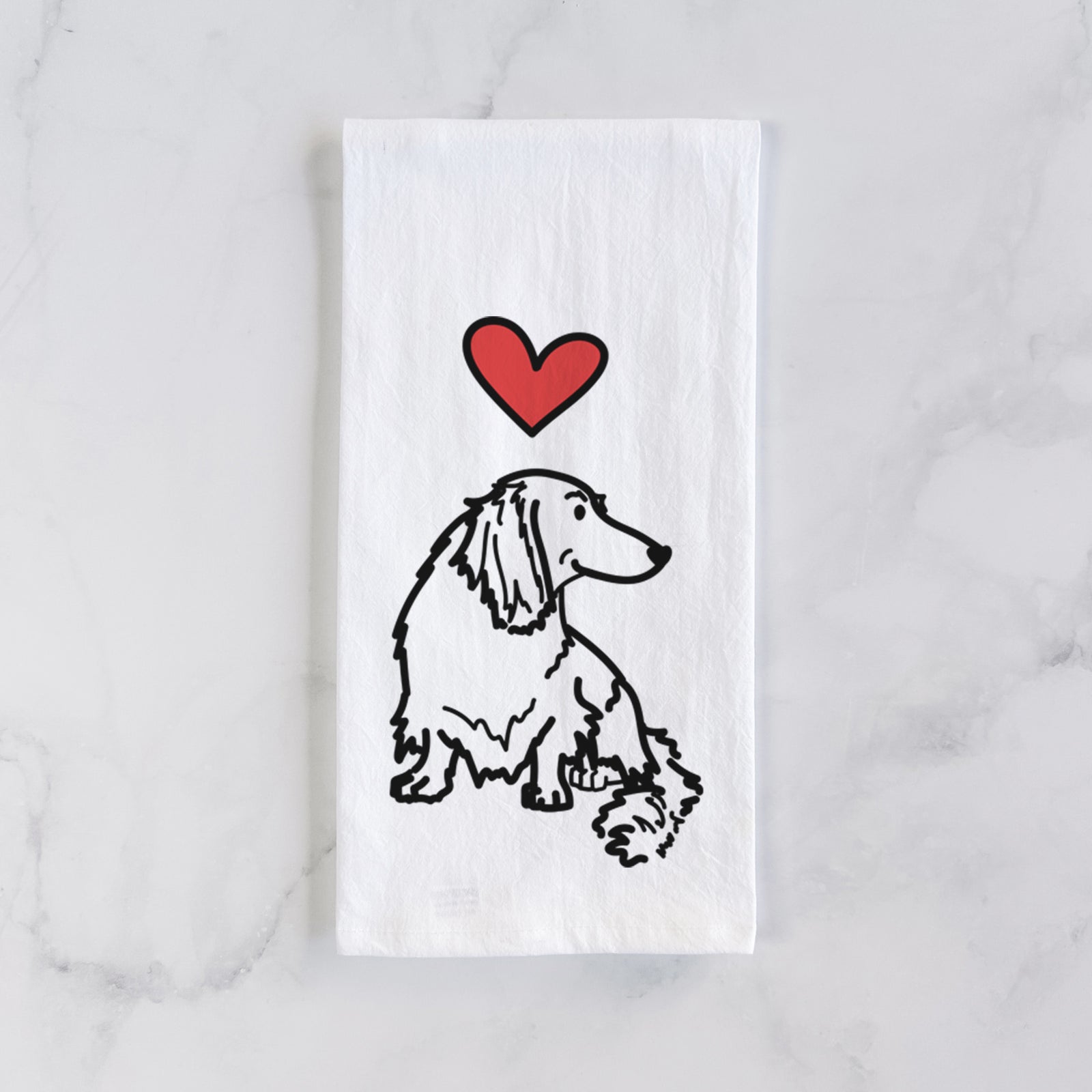 Minimalist line drawing of Bella the Dachshund with a red heart on a tea towel