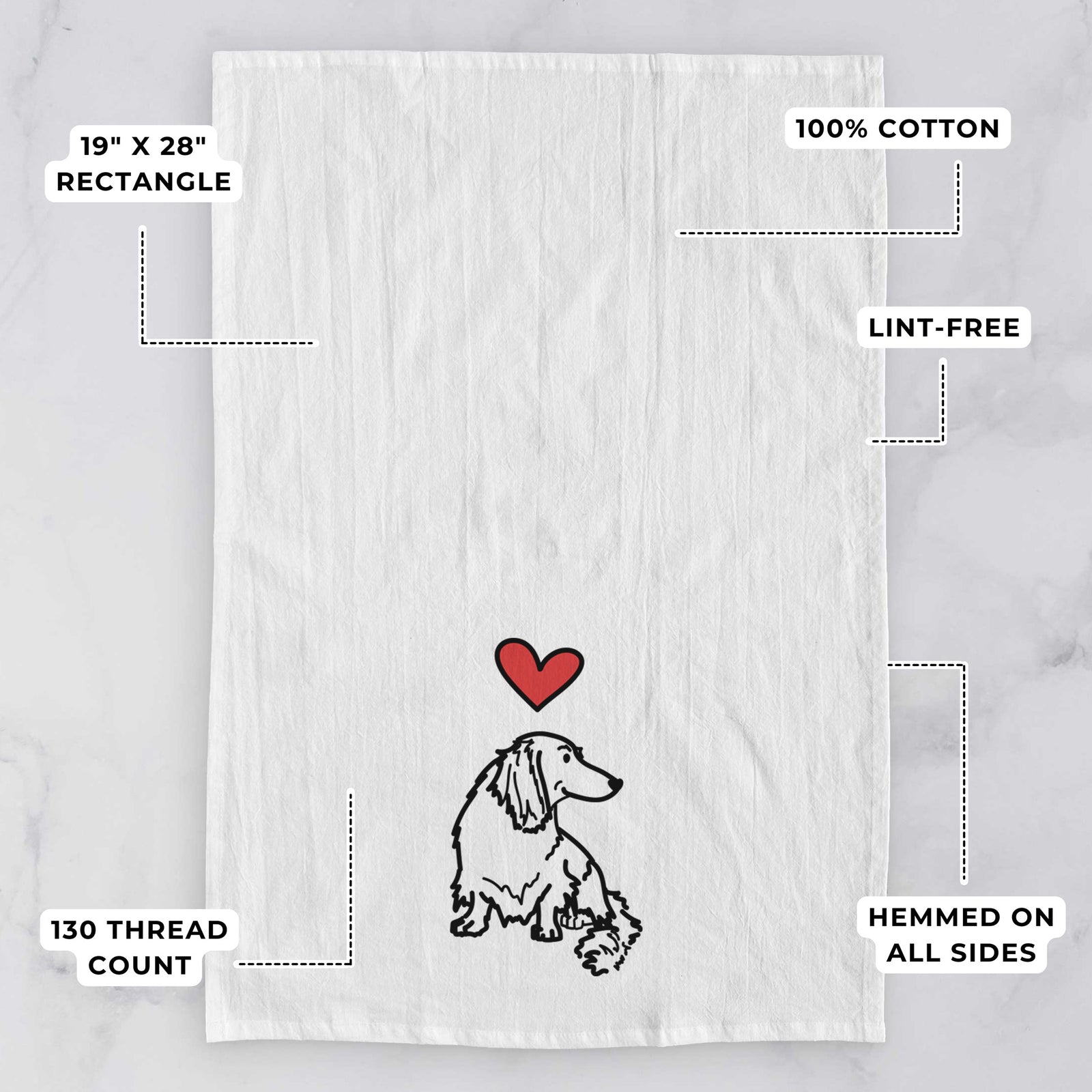 Minimalist line drawing of Bella the Dachshund with a red heart on a tea towel, with feature callouts: 19 x 28 inch rectangle, 100% cotton, lint-free, 120 thread count, hemmed on all sides