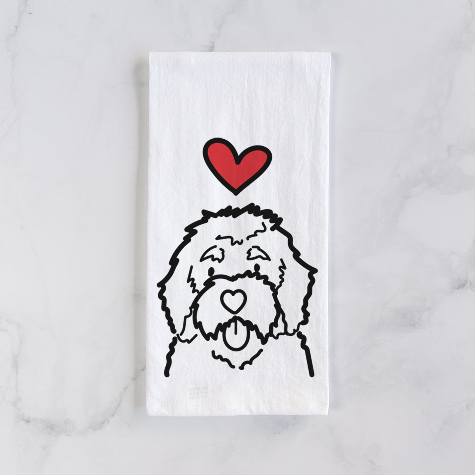 Minimalist line drawing of a Bernedoodle with a red heart on a tea towel