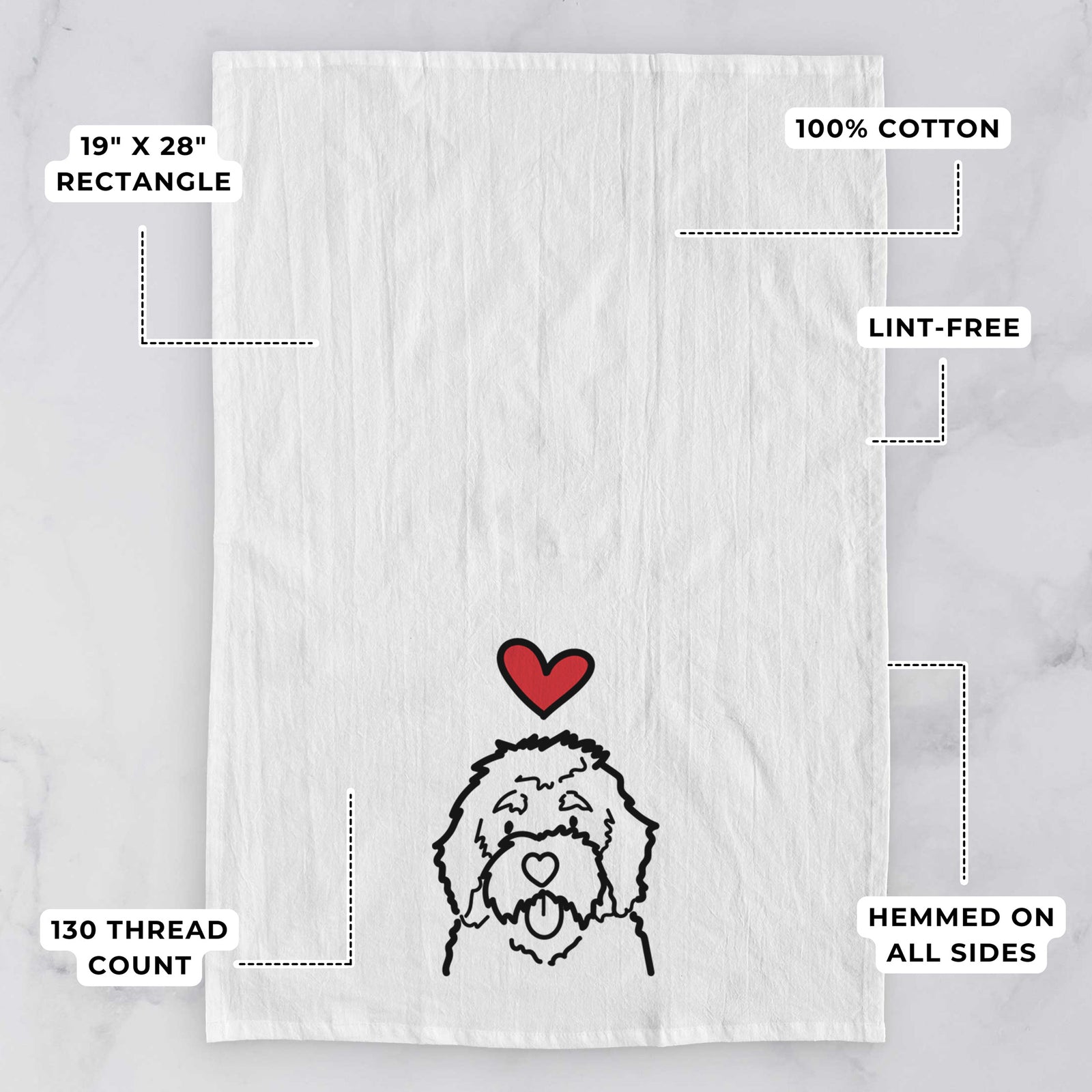 Minimalist line drawing of a Bernedoodle with a red heart on a tea towel, with feature callouts: 19 x 28 inch rectangle, 100% cotton, lint-free, 120 thread count, hemmed on all sides
