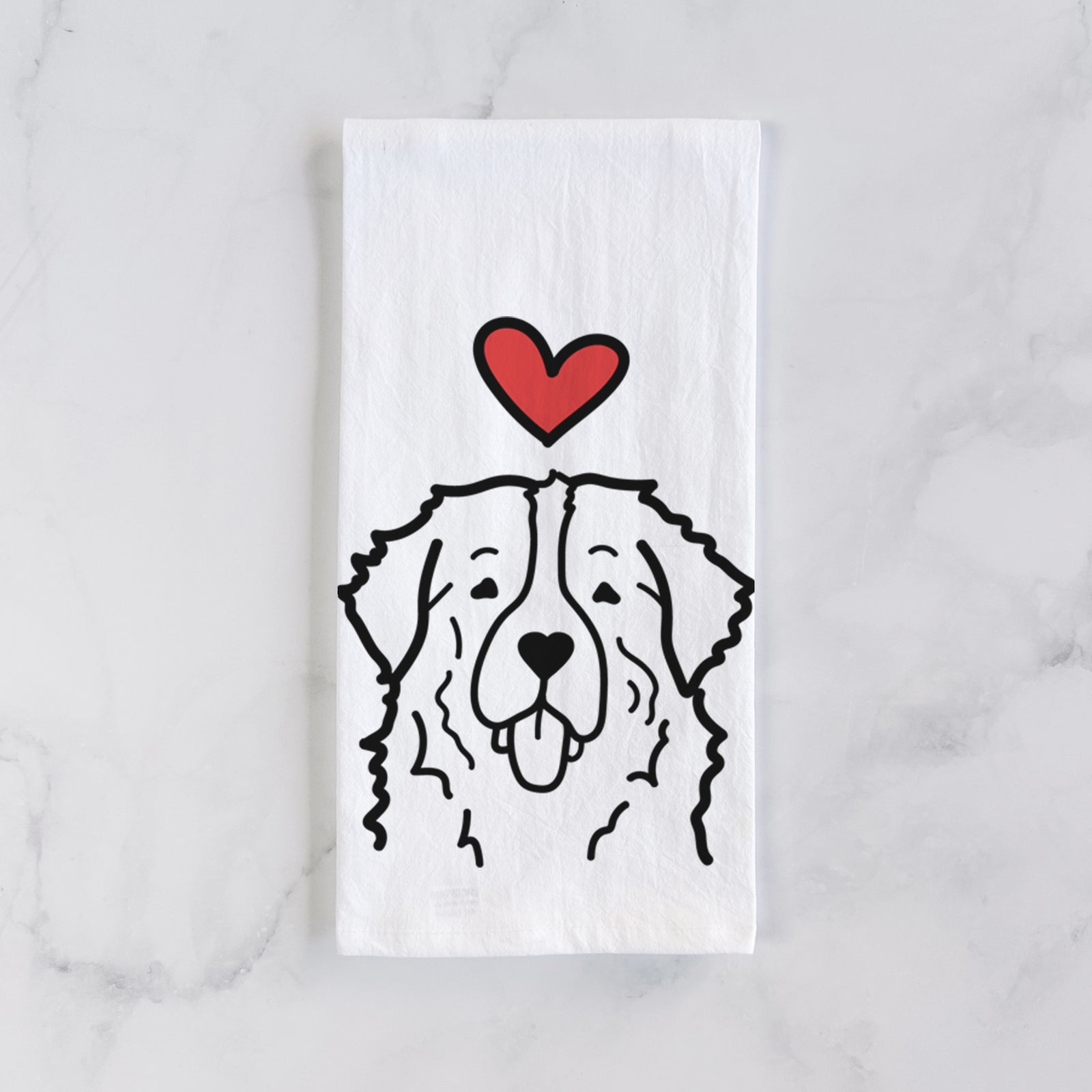Minimalist line drawing of a Bernese Mountain Dog with a red heart on a tea towel