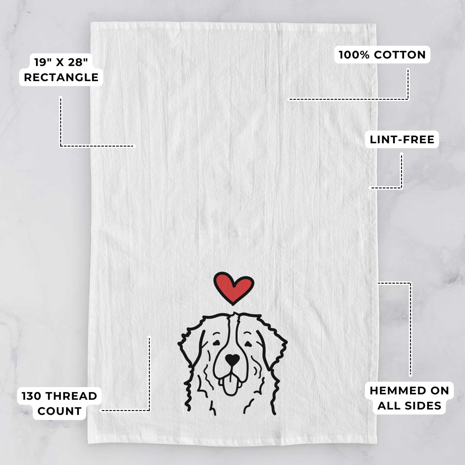 Minimalist line drawing of a Bernese Mountain Dog with a red heart on a tea towel, with feature callouts: 19 x 28 inch rectangle, 100% cotton, lint-free, 120 thread count, hemmed on all sides
