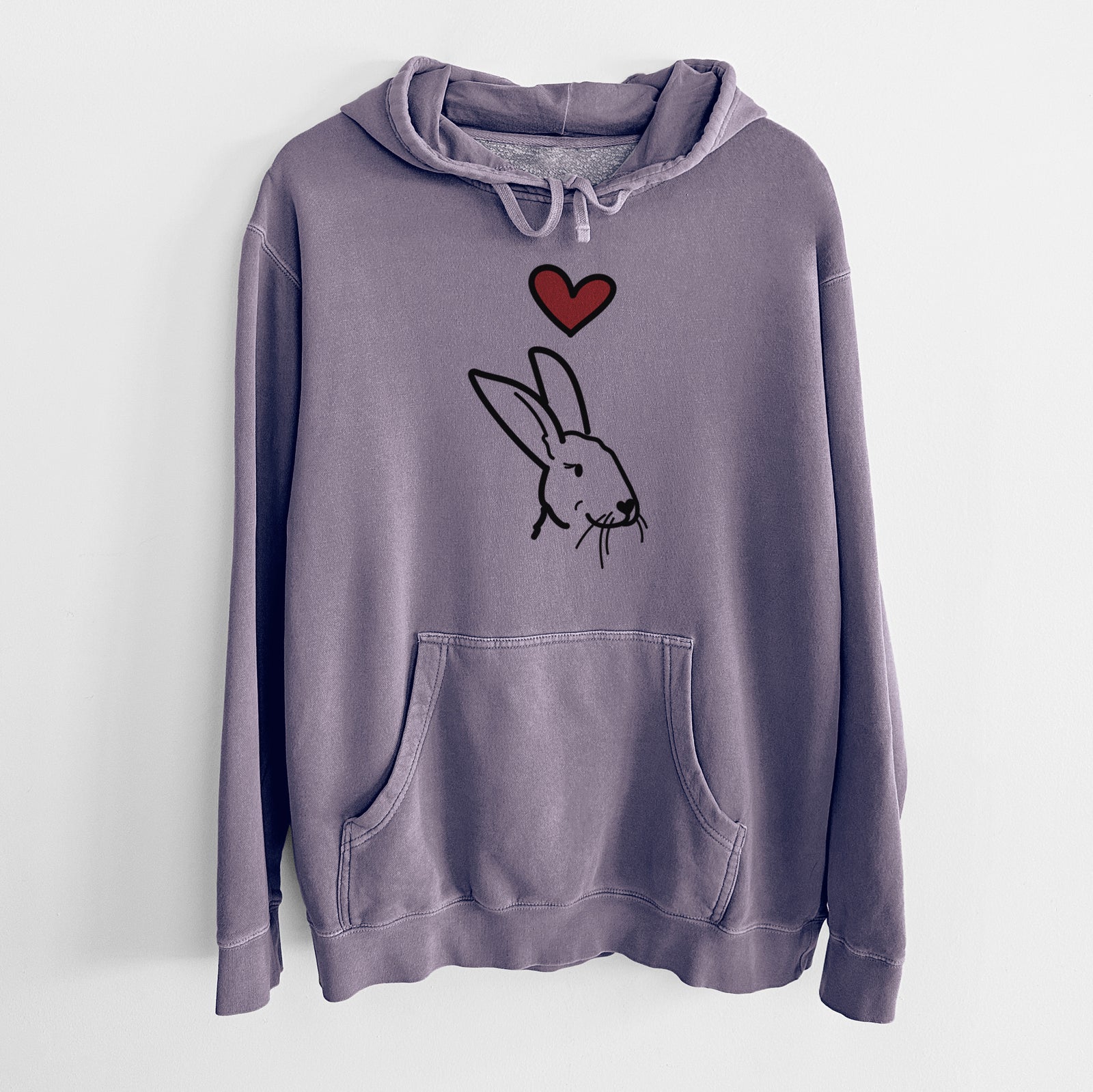 Minimalist line drawing of Betsy the Rex Rabbit with a red heart on a Plum Unisex pigment dyed hoodie