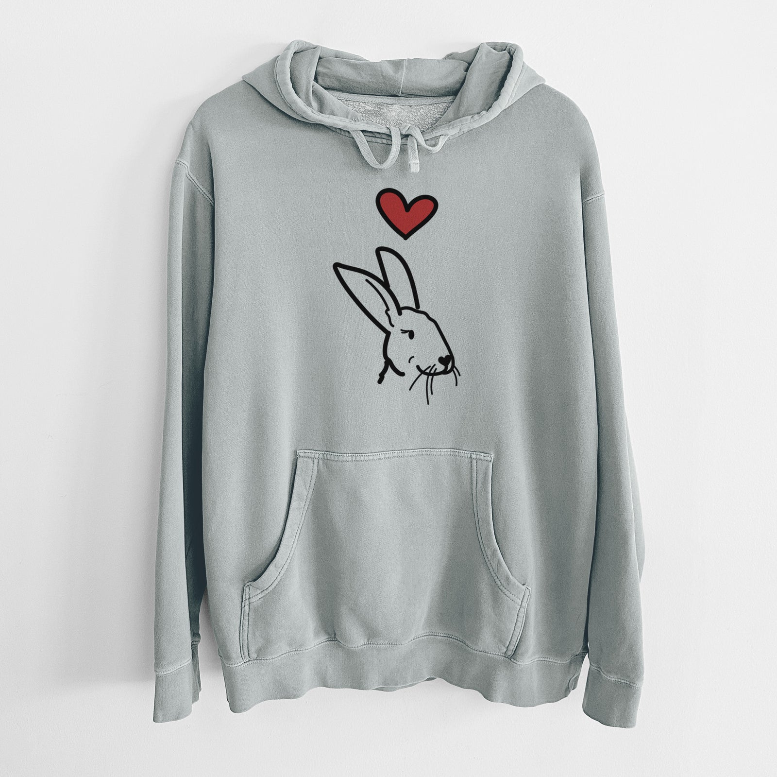 Minimalist line drawing of Betsy the Rex Rabbit with a red heart on a Sage Unisex pigment dyed hoodie
