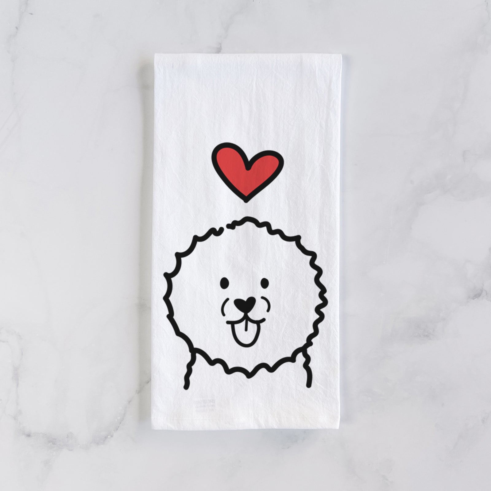 Minimalist line drawing of a Bichon Frise with a red heart on a tea towel