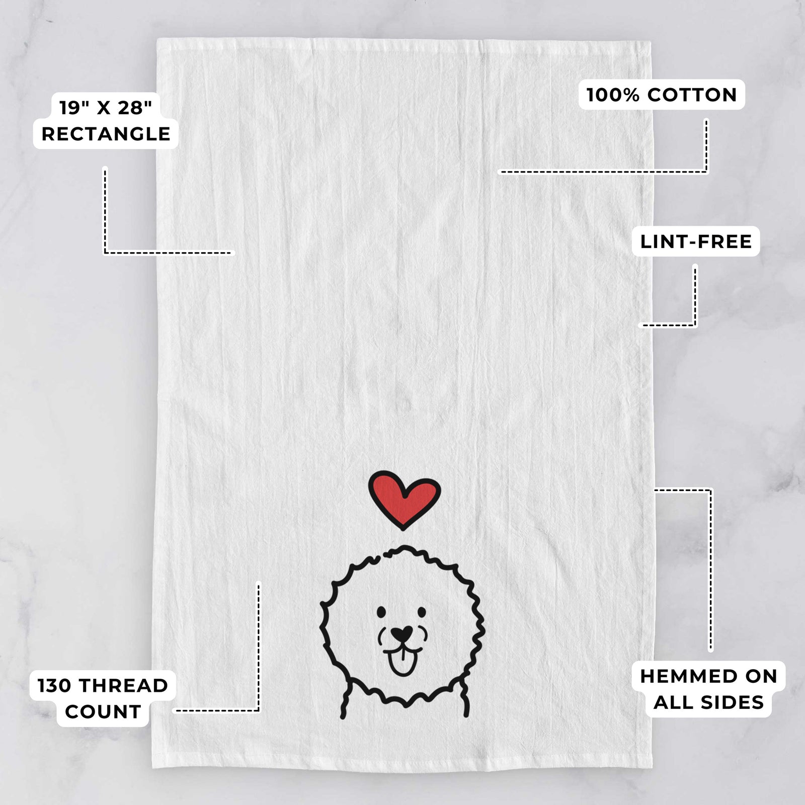 Minimalist line drawing of a Bichon Frise with a red heart on a tea towel, with feature callouts: 19 x 28 inch rectangle, 100% cotton, lint-free, 120 thread count, hemmed on all sides