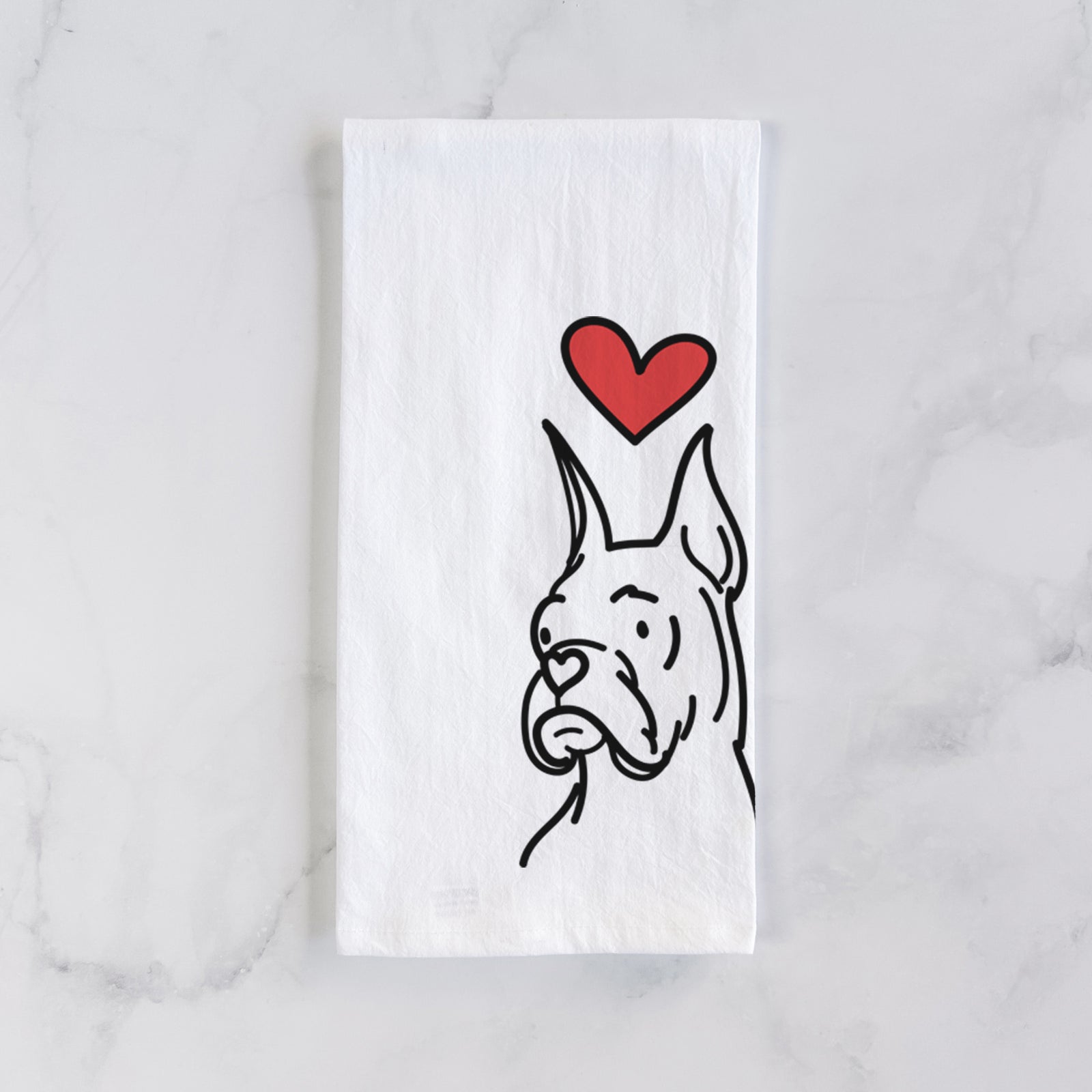 Minimalist line drawing of Billy the Rescue Boxer with a red heart on a tea towel