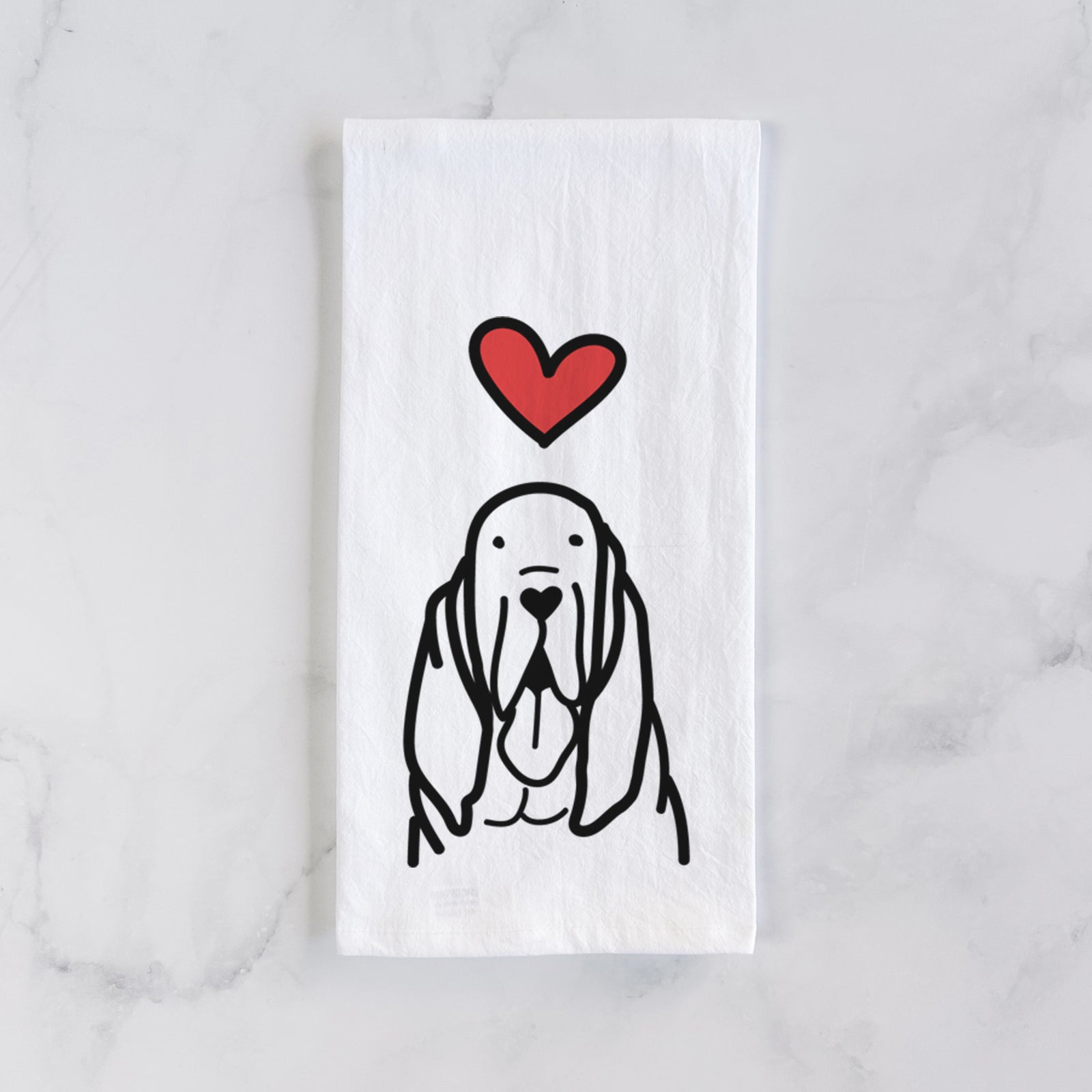 Minimalist line drawing of a Bloodhound with a red heart on a tea towel