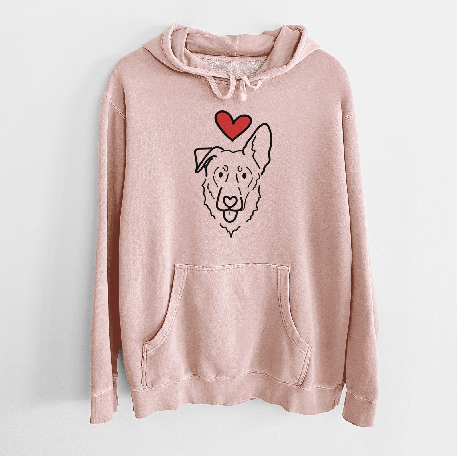 Minimalist line drawing of Bodhi the Shepherd Mix with a red heart on a Dusty Pink Unisex pigment dyed hoodie