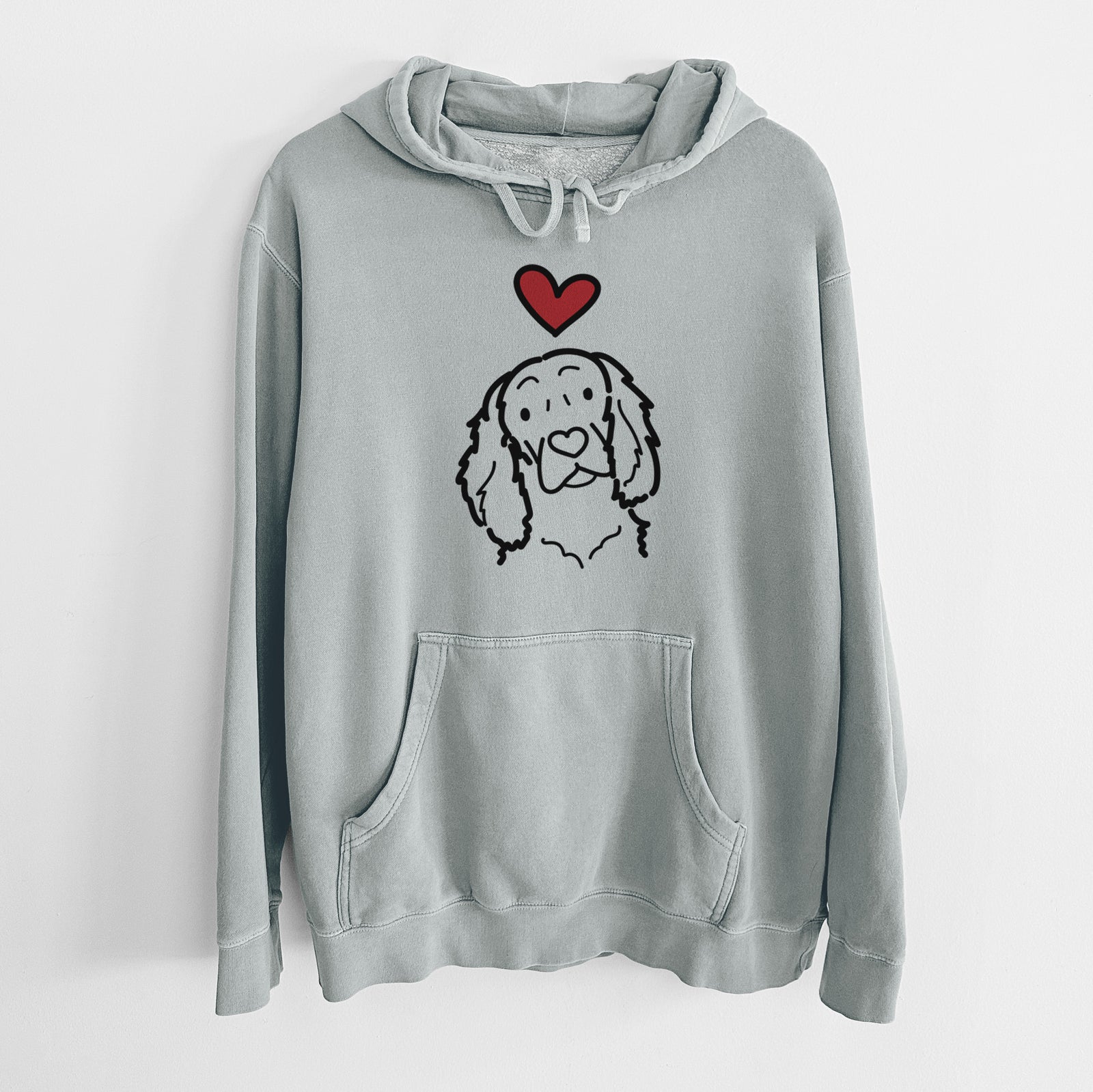 Minimalist line drawing of a Boykin Spaniel with a red heart on a Sage Unisex pigment dyed hoodie