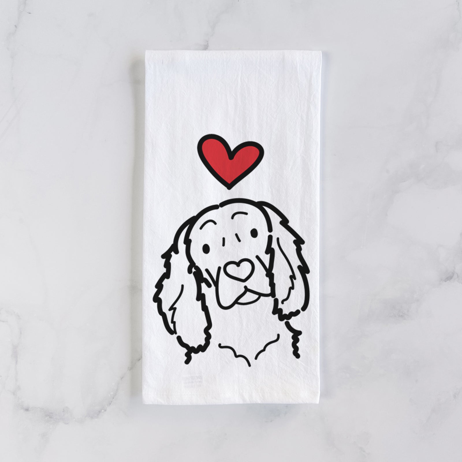 Minimalist line drawing of a Boykin Spaniel with a red heart on a tea towel