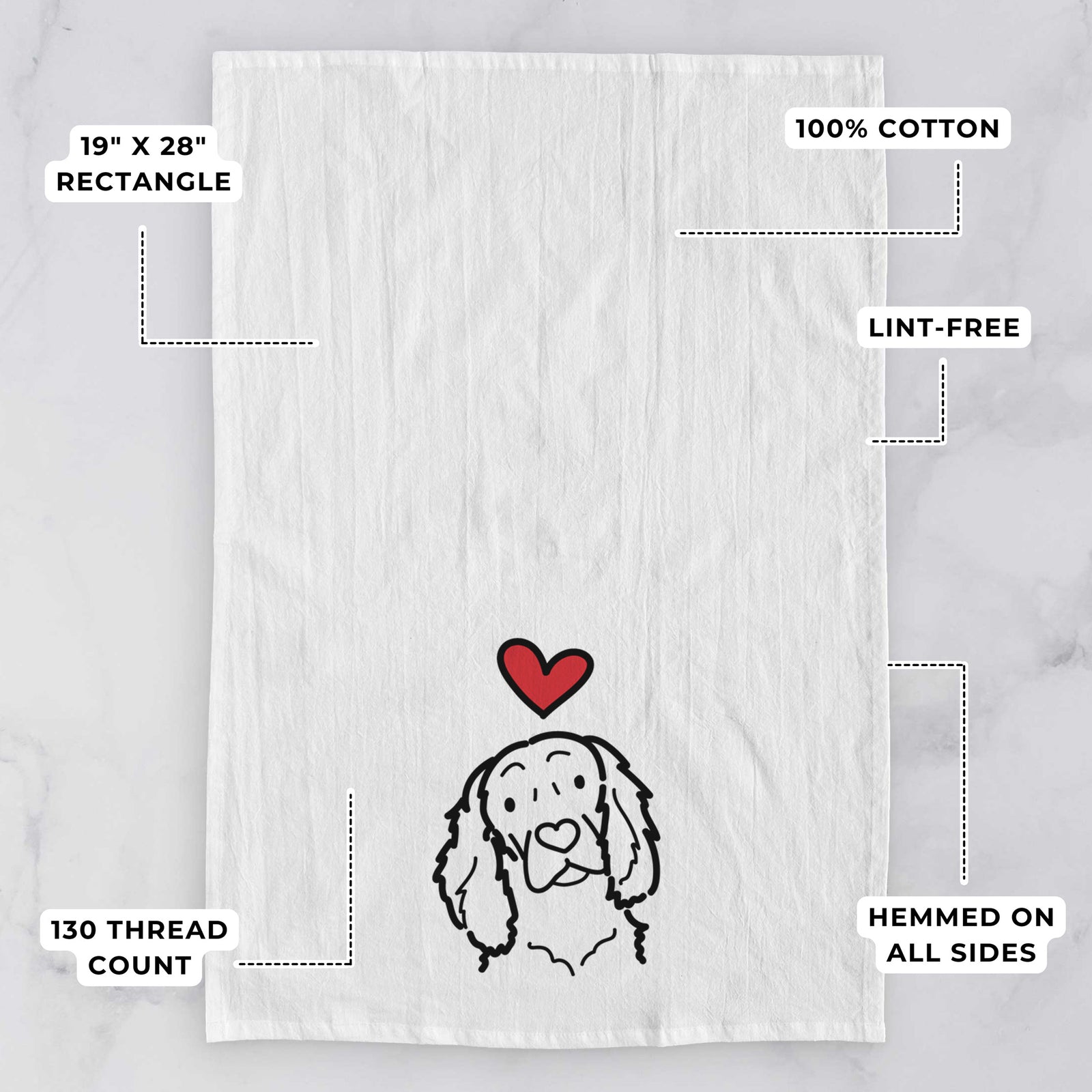 Minimalist line drawing of a Boykin Spaniel with a red heart on a tea towel, with feature callouts: 19 x 28 inch rectangle, 100% cotton, lint-free, 120 thread count, hemmed on all sides