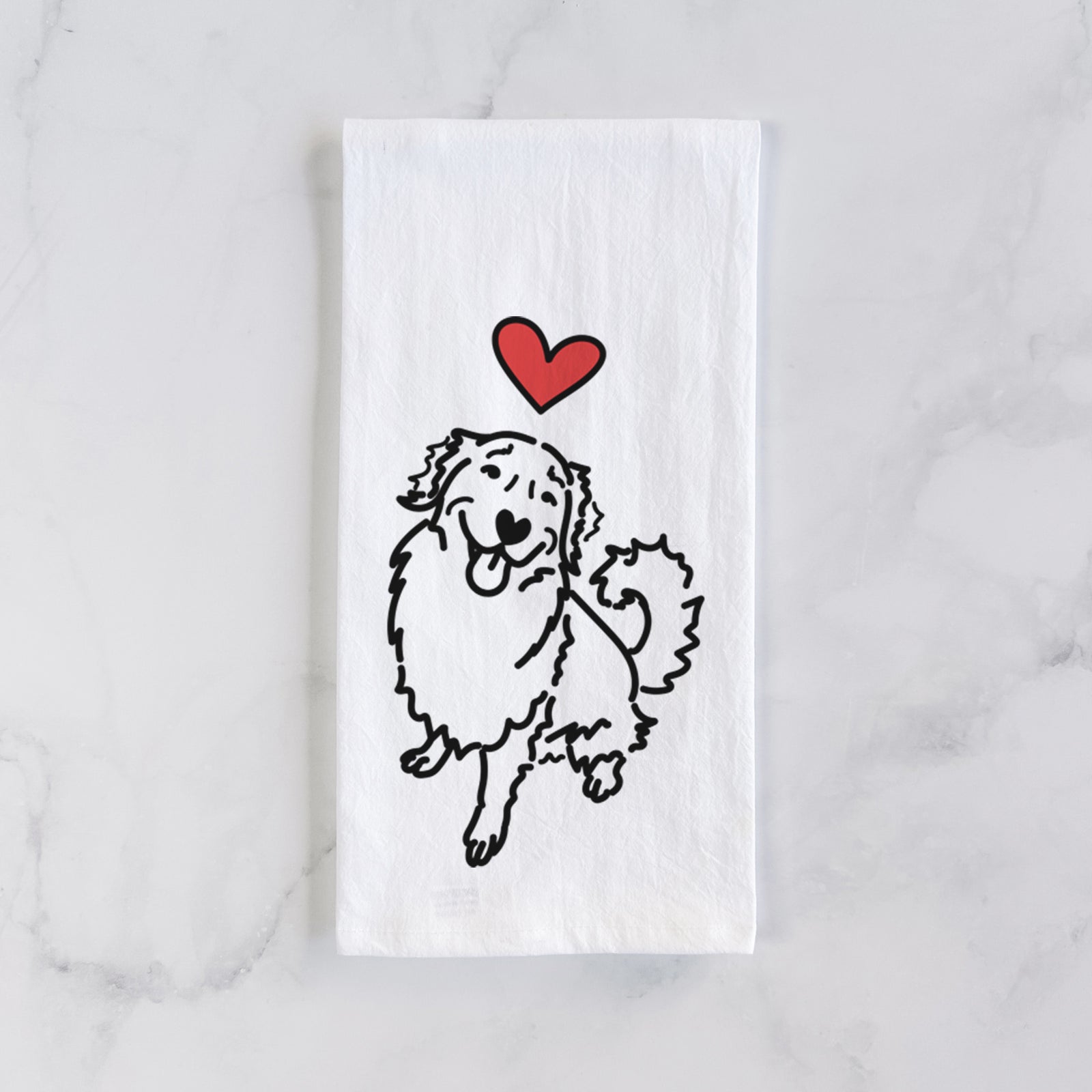 Minimalist line drawing of Brinkley the Golden Retriever with a red heart on a tea towel