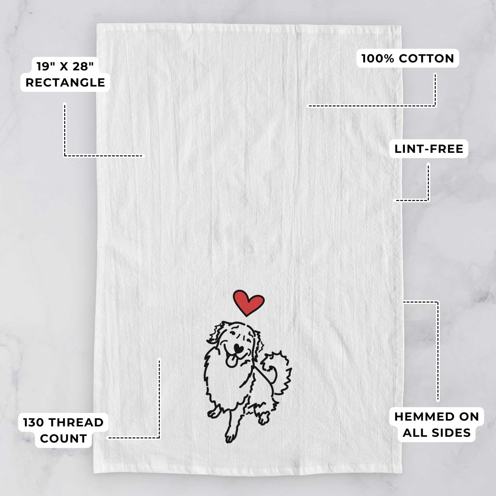 Minimalist line drawing of Brinkley the Golden Retriever with a red heart on a tea towel, with feature callouts: 19 x 28 inch rectangle, 100% cotton, lint-free, 120 thread count, hemmed on all sides
