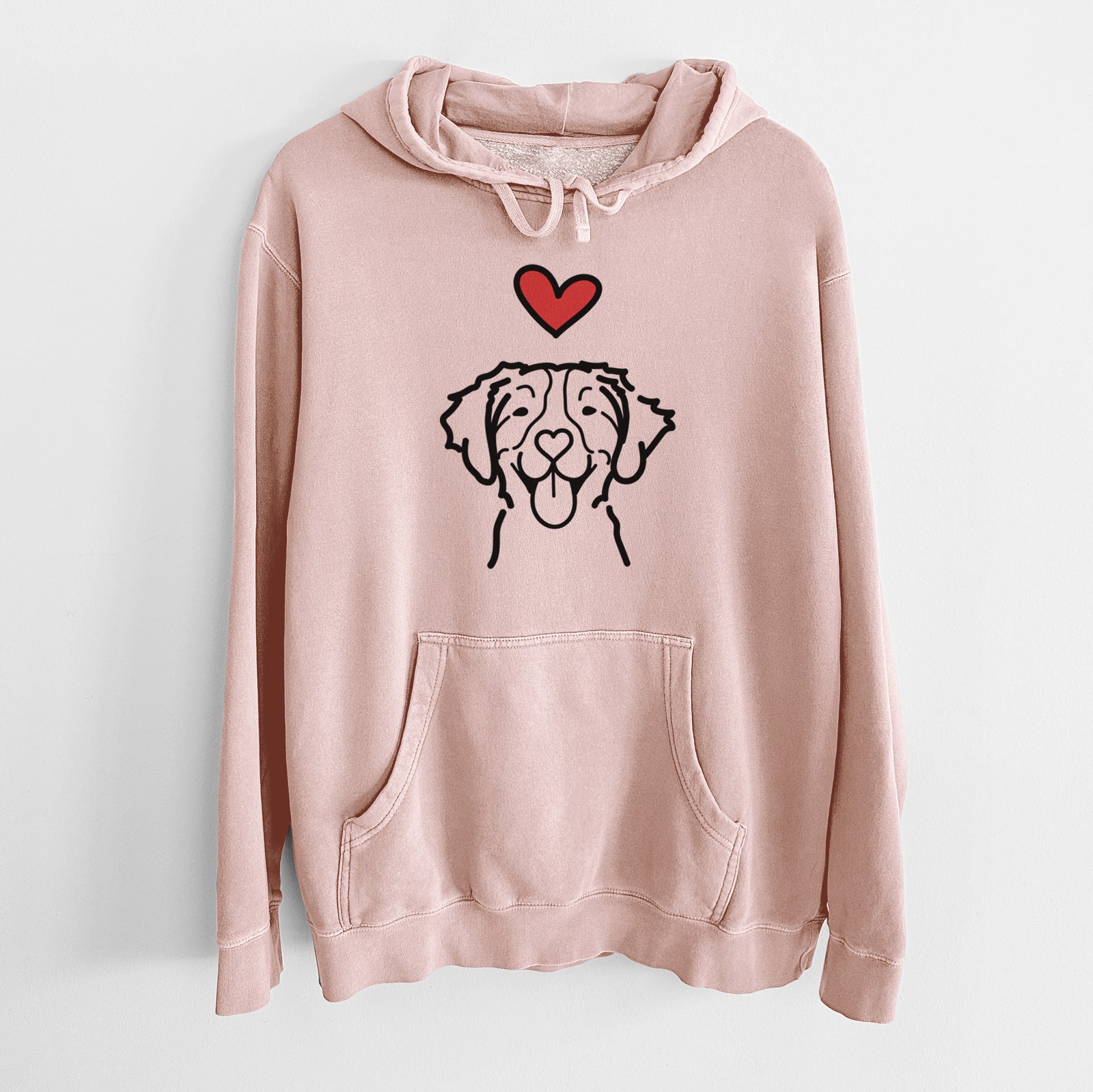Minimalist line drawing of a Brittany with a red heart on a Dusty Pink Unisex pigment dyed hoodie