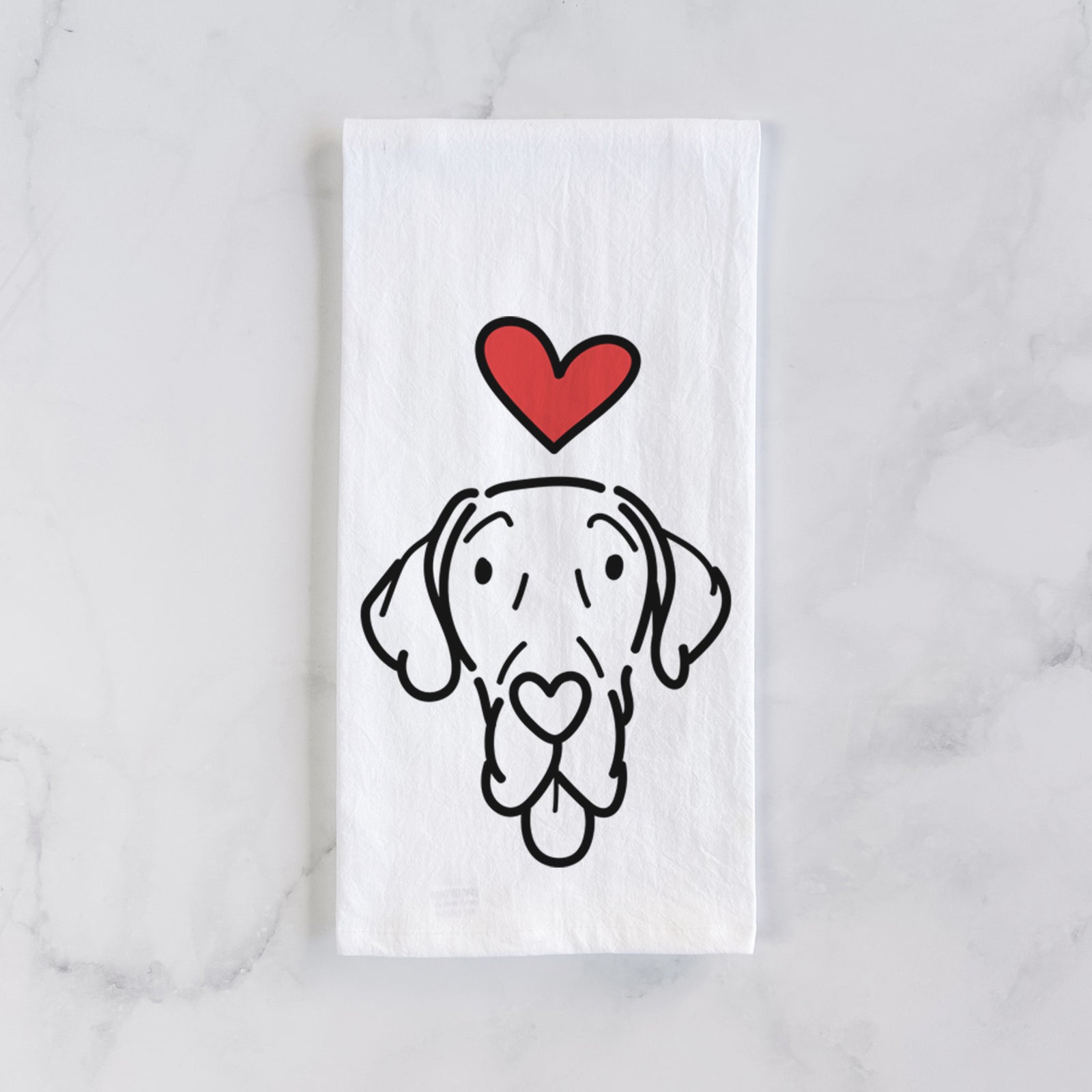 Minimalist line drawing of Bruce the Great Dane with a red heart on a tea towel